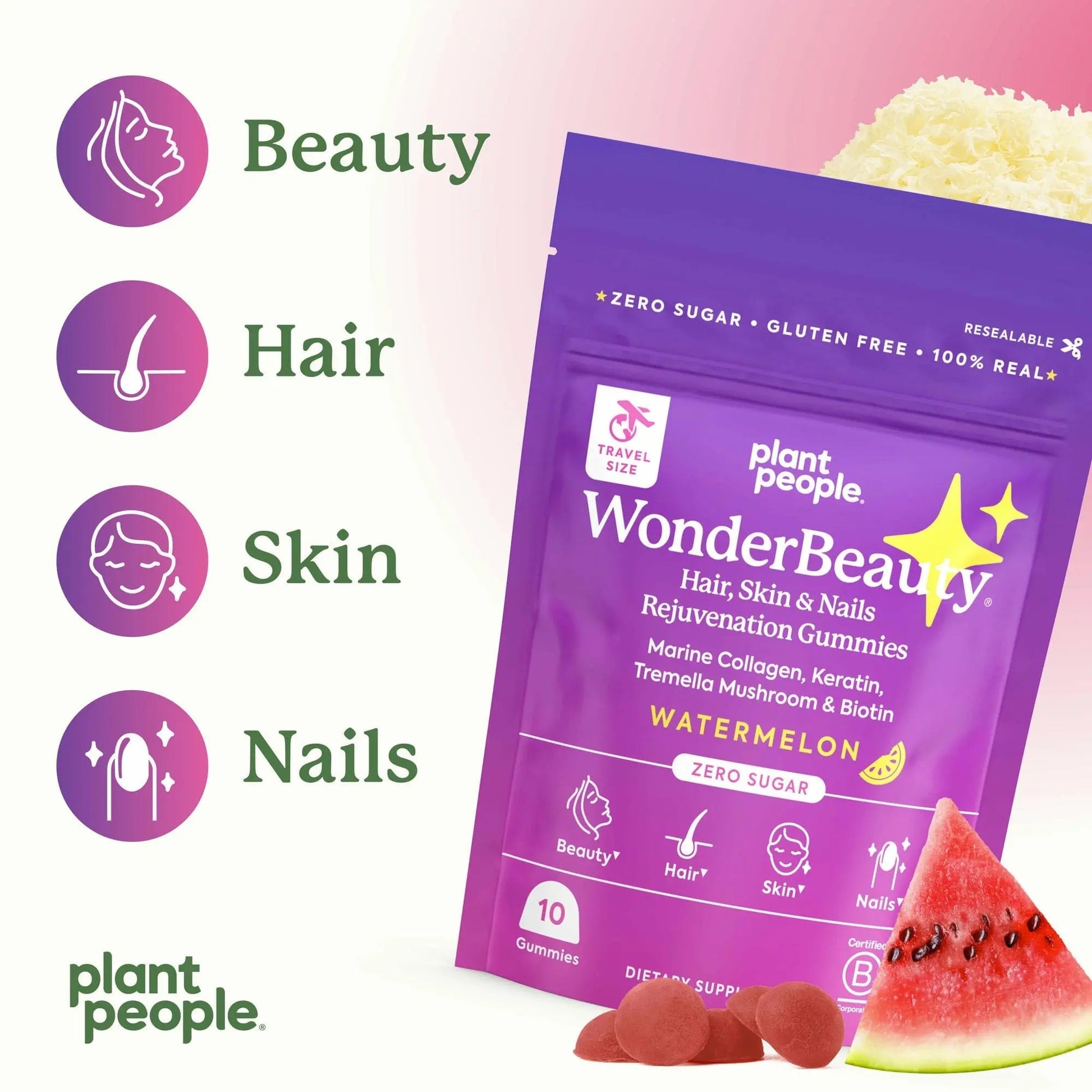 Plant People WonderBeauty Hair, Skin & Nails Rejuvenation Gummies with Tremella Mushroom, Marine Collagen Peptides, Keratin, & Biotin Plant PeopleAu supplements