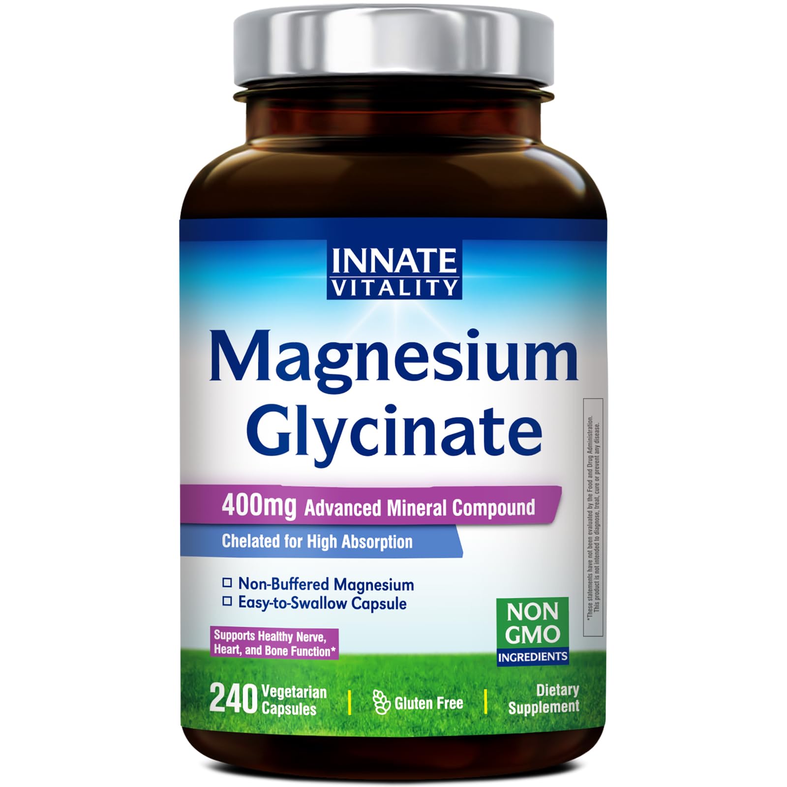 Innate Vitality Magnesium Glycinate 400mg, Non Buffered & High Absorption Magnesium Supplement for Sleep, Relaxation, Heart & Bone Health for Men & Women, Non-GMO, No Gluten, 240 Vegan Capsules Innate VitalityAu supplements