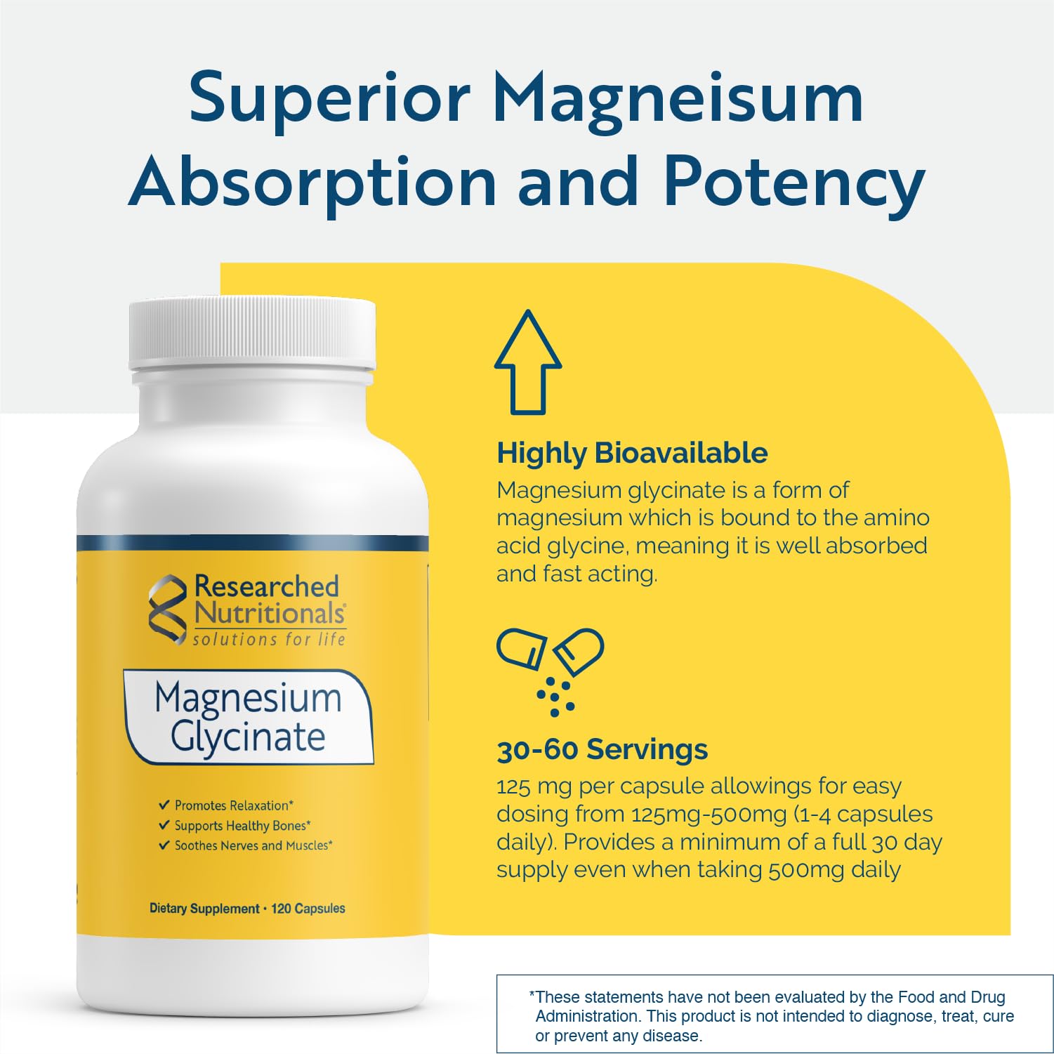 Researched Nutritionals Magnesium Glycinate Capsules - 125mg High Absorption Magnesium Glycinate Supplement to Support Healthy Bones and Energy Production - Vegan & Non-GMO (120 Capsules) Researched NutritionalsAu supplements