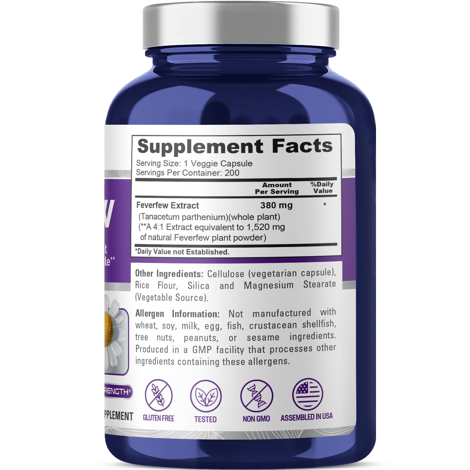 NusaPure Feverfew Extract 4:1 - Suitable for Vegetarian/Vegan, Non - GMO - 1520mg 200 Capsules NusaPureAu supplements