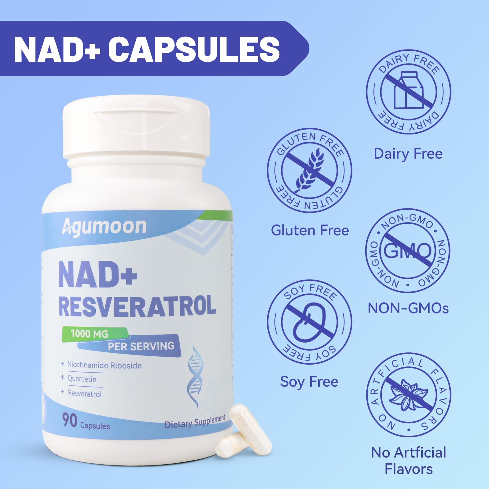 Agumoon NAD+ Supplement 1000mg, Liposomal NAD Nicotinamide Riboside Supplement with Resveratrol & Quercetin for Women and Men - 90 Capsules AgumoonAu supplements