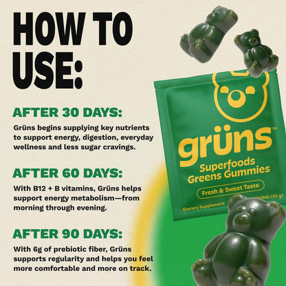 Gruns Adults Super Greens Gummies, Multivitamin Superfood Gummy Bears, Spirulina, Chlorella, Prebiotics & Fiber Gummies for Digestive Health GrünsUS supplements