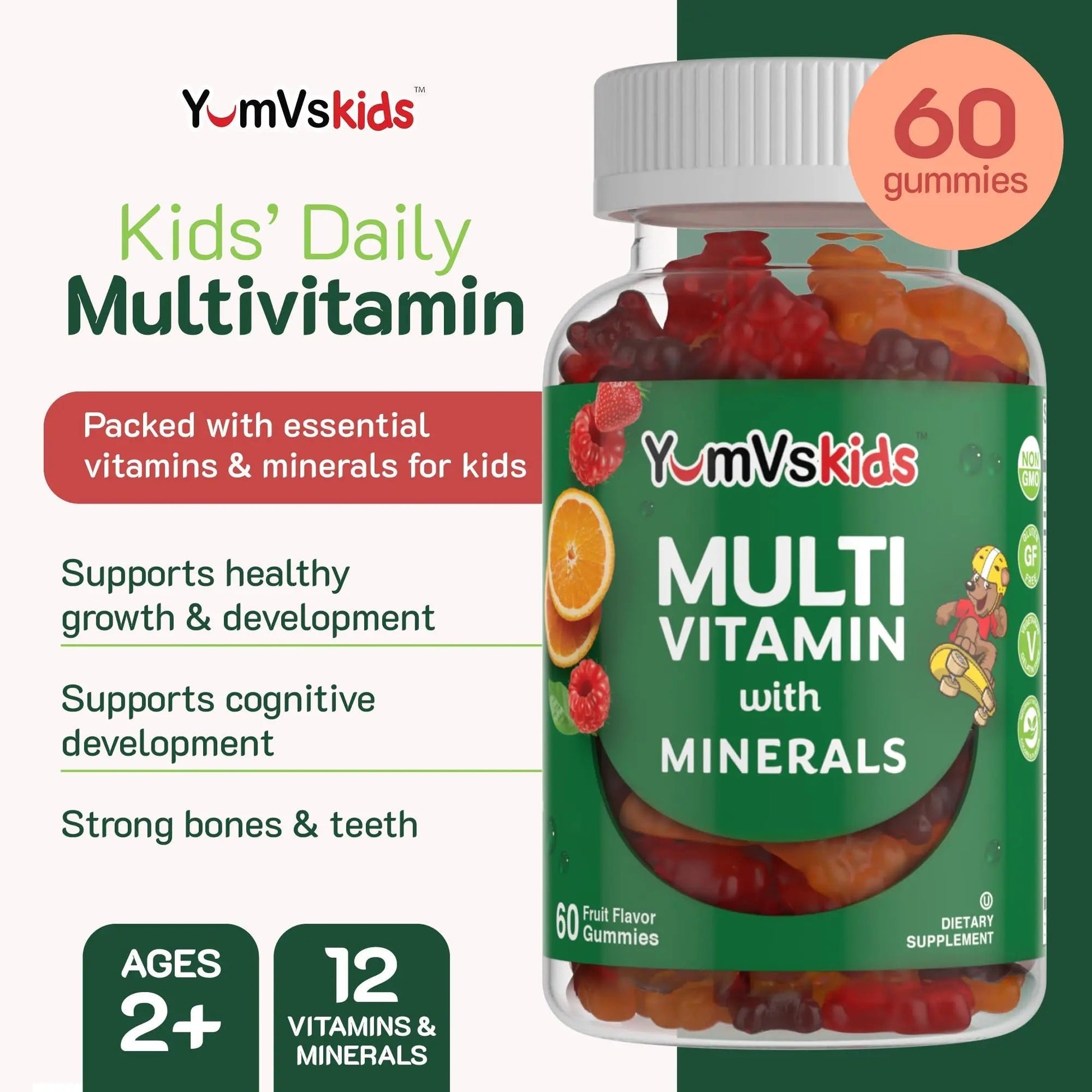 YumVs Kids Multivitamin Gummies - Fruit Flavored Chewable Children's Multivitamin - Kids Vitamins Multivitamin Gummy with 12 Minerals & Vitamins A C D3 E B6 B12 YUM-V'SAu supplements