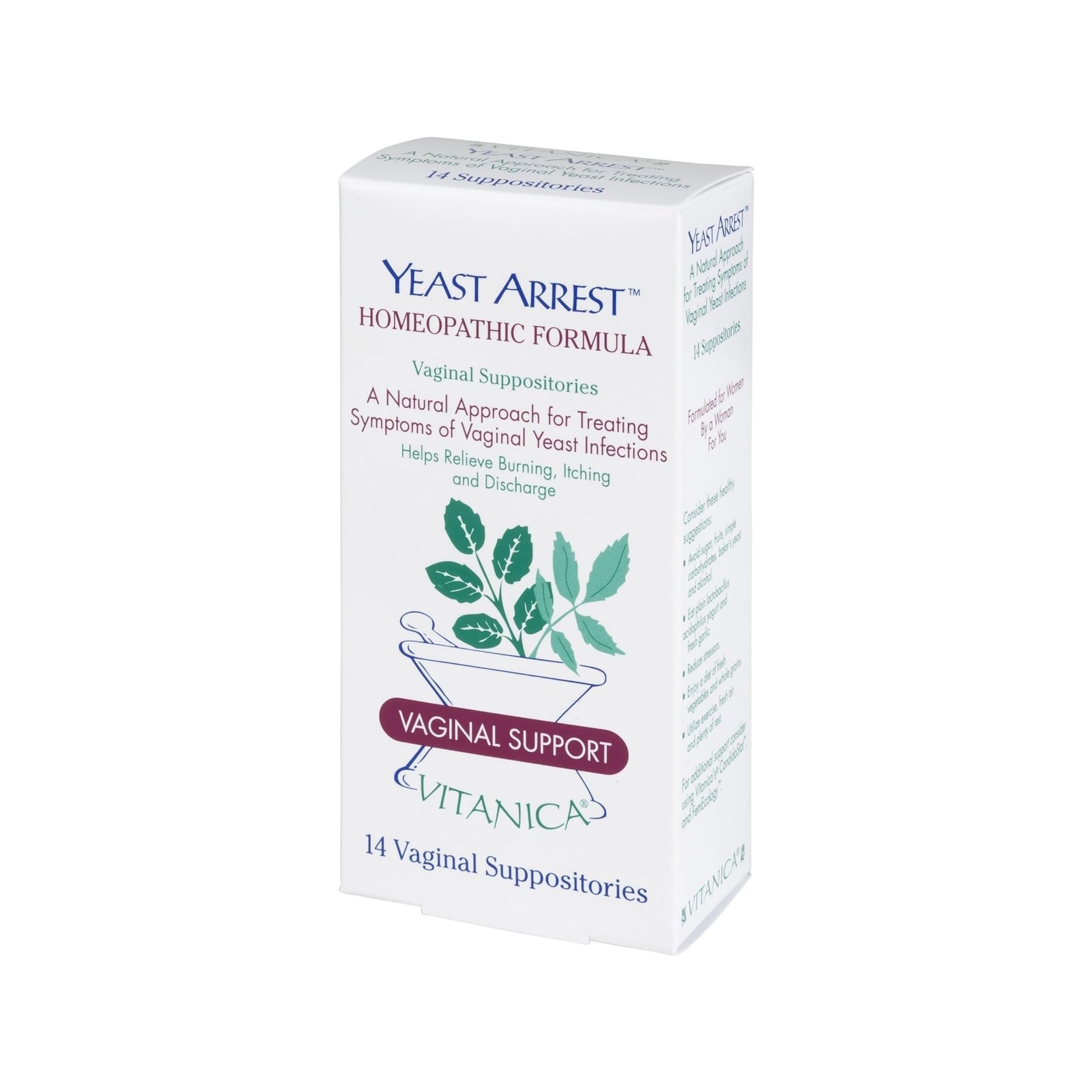 Vitanica Yeast Arrest, Homeopathic Vaginal Suppositories, for Yeast Infection Symptoms, Relieves Burning, Itching & Discharge, with Boric Acid, Tea Tree Oil & Probiotics, Vegan (Pro Logo, 14ct) VitanicaUS supplements