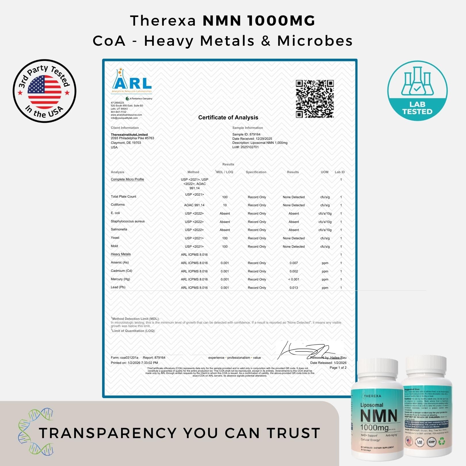 NMN Supplement 1000mg Pure - Liposomal NMN for NAD+ Supplement, Tested in USA, 60 Capsules THEREXAAu supplements