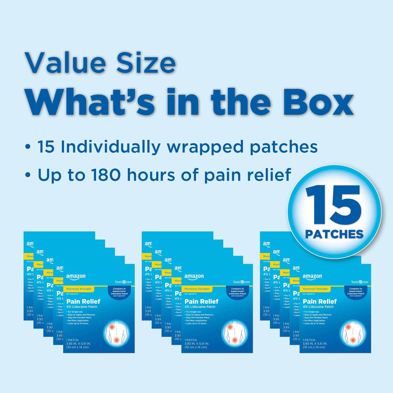 Amazon Basic Care Maximum Strength OTC Pain Relief , 4% Lidocaine Patch, 3.9” x 5.5”, 15-Count Box (Previously HealthWise) Amazon Basic CareAu supplements