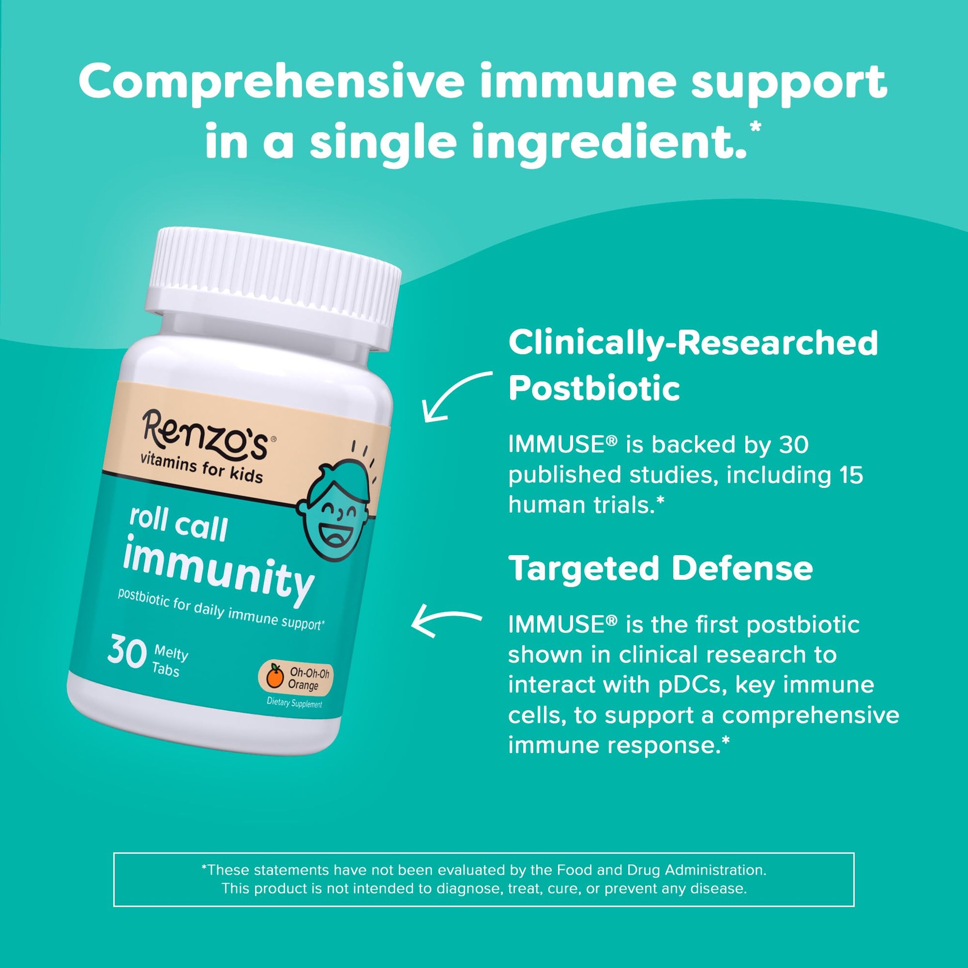 Renzo's Roll Call Immunity - Dissolvable Kids Immune Support Supplement with IMMUSE Postbiotic, Sugar-Free Kids Vitamins, 30 Orange-Flavored Melty Tabs Renzo'sAu supplements