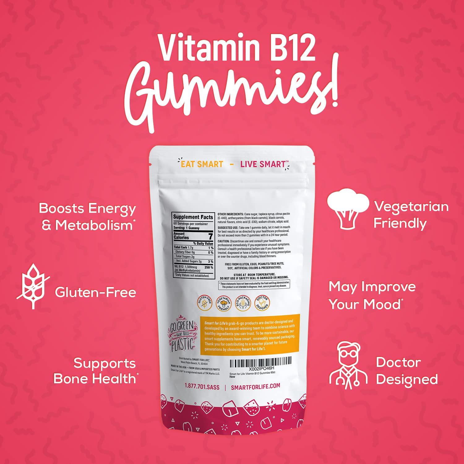 B12 Gummy Vitamins - 1500 mcg Vitamin B12 Gummies for Adults and Kids - Helps with Energy, Metabolism, Bone Nervous System Support Smart for LifeUS supplements