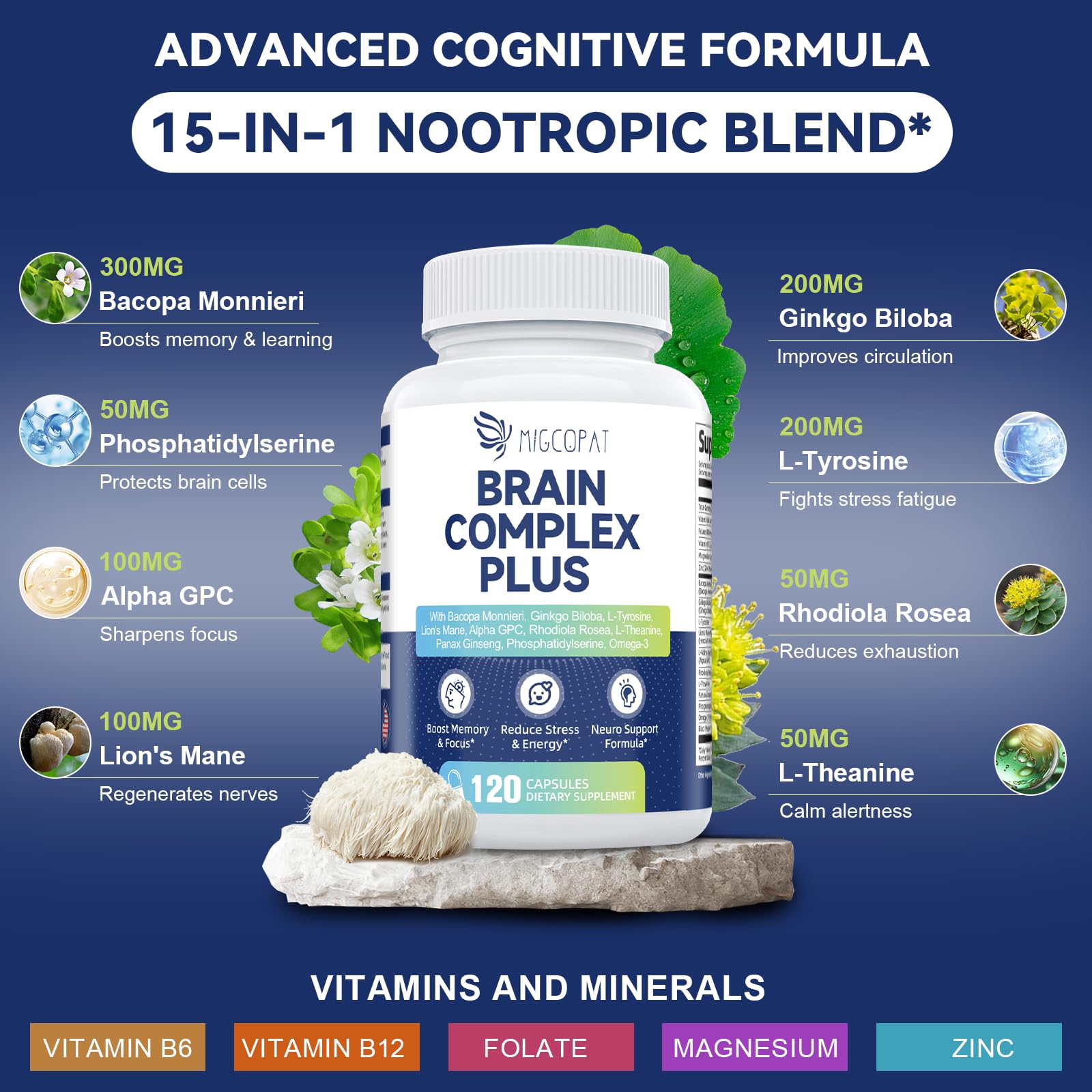 Brain Supplements for Memory & Focus - Nootropic with Bacopa Monnieri, Lion's Mane, Alpha GPC, Phosphatidylserine | Supports Mental Clarity & Cognitive Function | Vitamin B6 & B12-120 Capsules MigcopatAu supplements