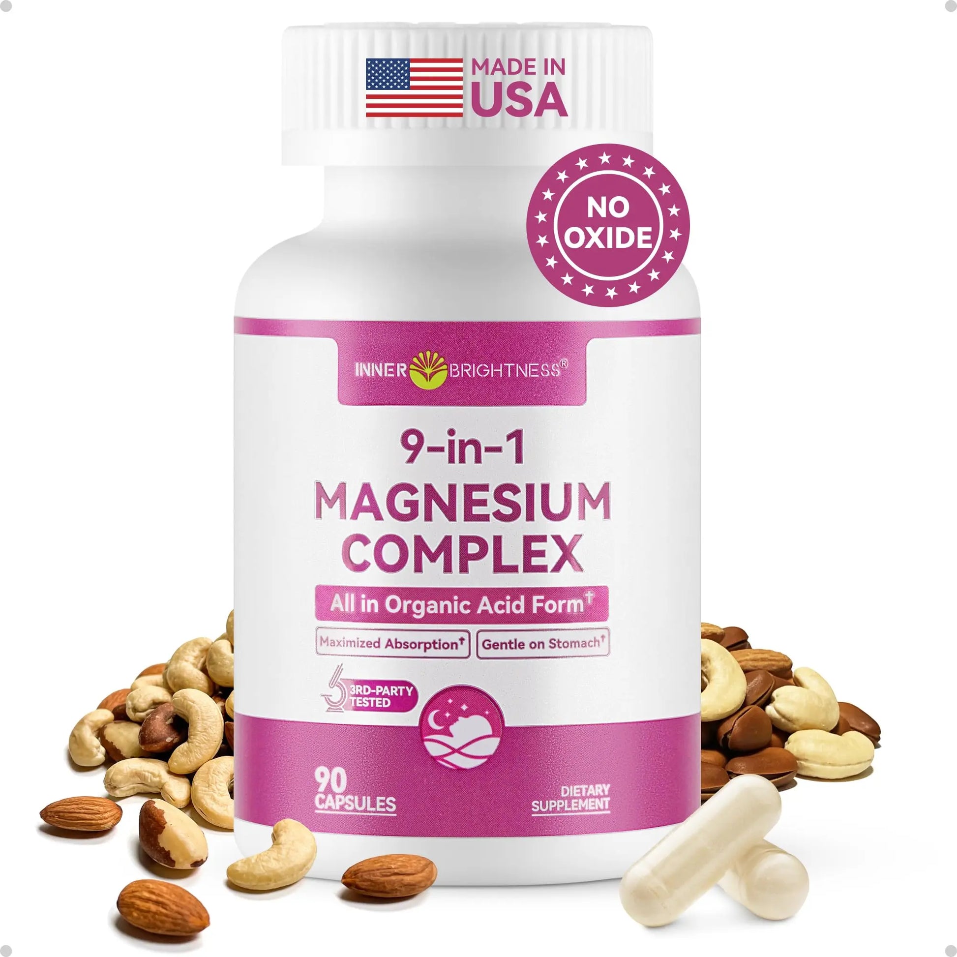 9-in-1 Magnesium Complex, 300mg Magnesium from 9 Organic Forms, Glycinate, Citrate, Malate, High Absorption for Sleep & Relaxation, Energy & Muscle Support, 90 Capsules Inner BrightnessAu supplements