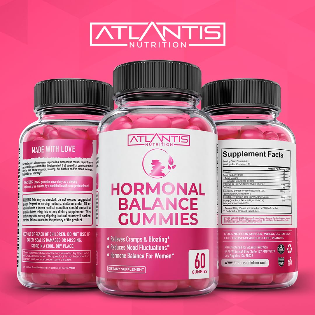 Atlantis Nutrition Hormonal Balance for Women & PMS Relief Gummies - Alleviates Cramps, Bloating, Mood Swings, Hot Flashes & Night Sweats - Cranberry, Dong Quai & Chasteberry Menstrual Cramp Relief Atlantis NutritionAu supplements