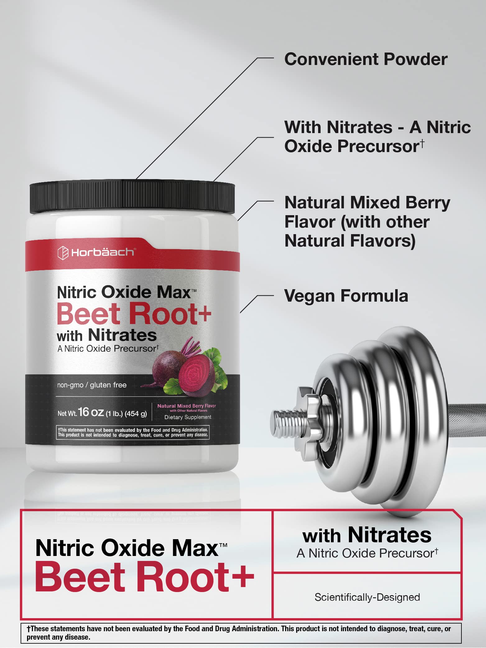 Nitric Oxide Beet Root Powder | 16 oz (454g) | Natural Mixed Berry Flavor | with Nitrates HorbäachAu supplements
