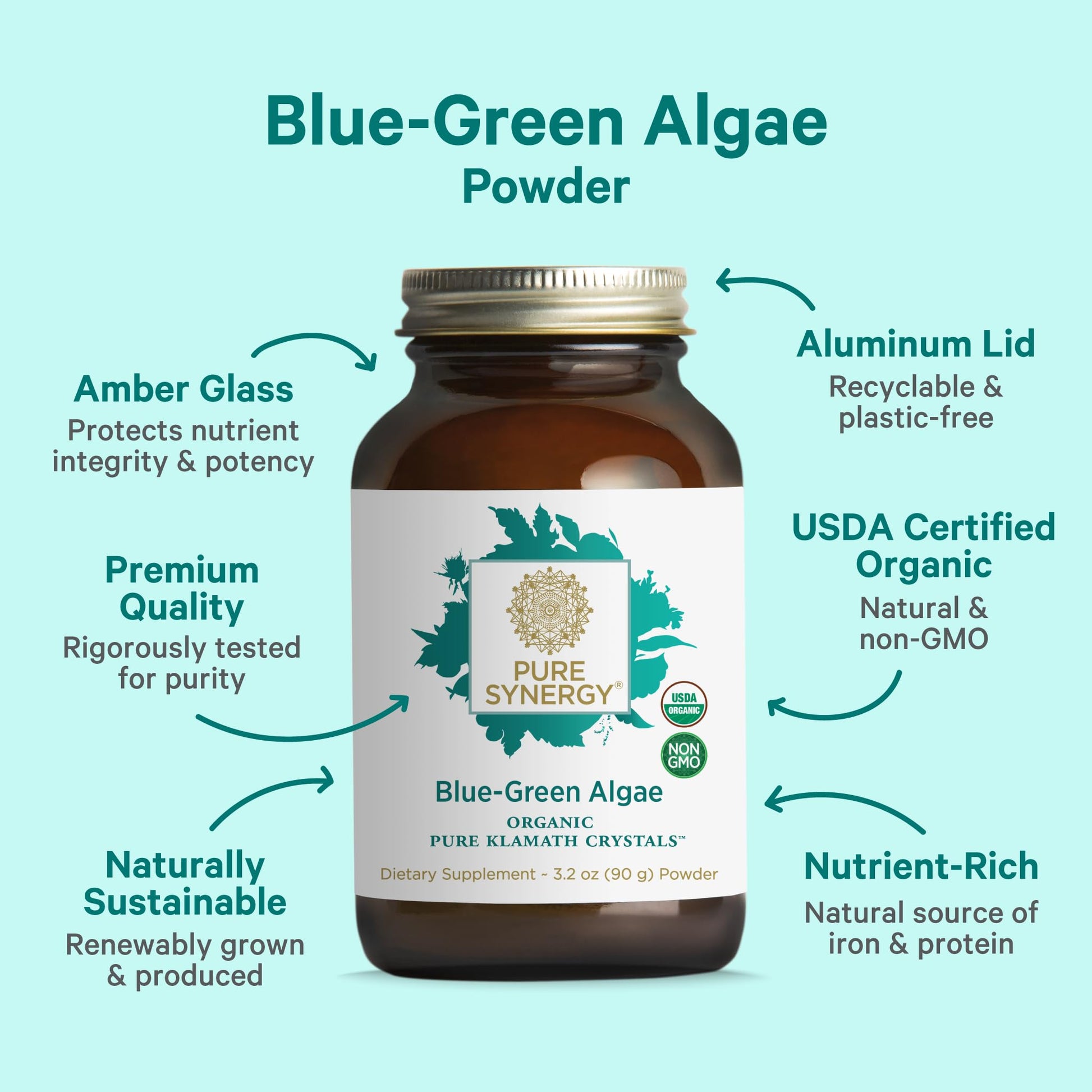 PURE SYNERGY Blue-Green Algae Powder | Superfood Powder with Chlorophyll | Organic AFA Blue Green Algae Supplement | Supports Energy, Mental Clarity, and Detoxification (3.2 oz.) PURE SYNERGYAu supplements