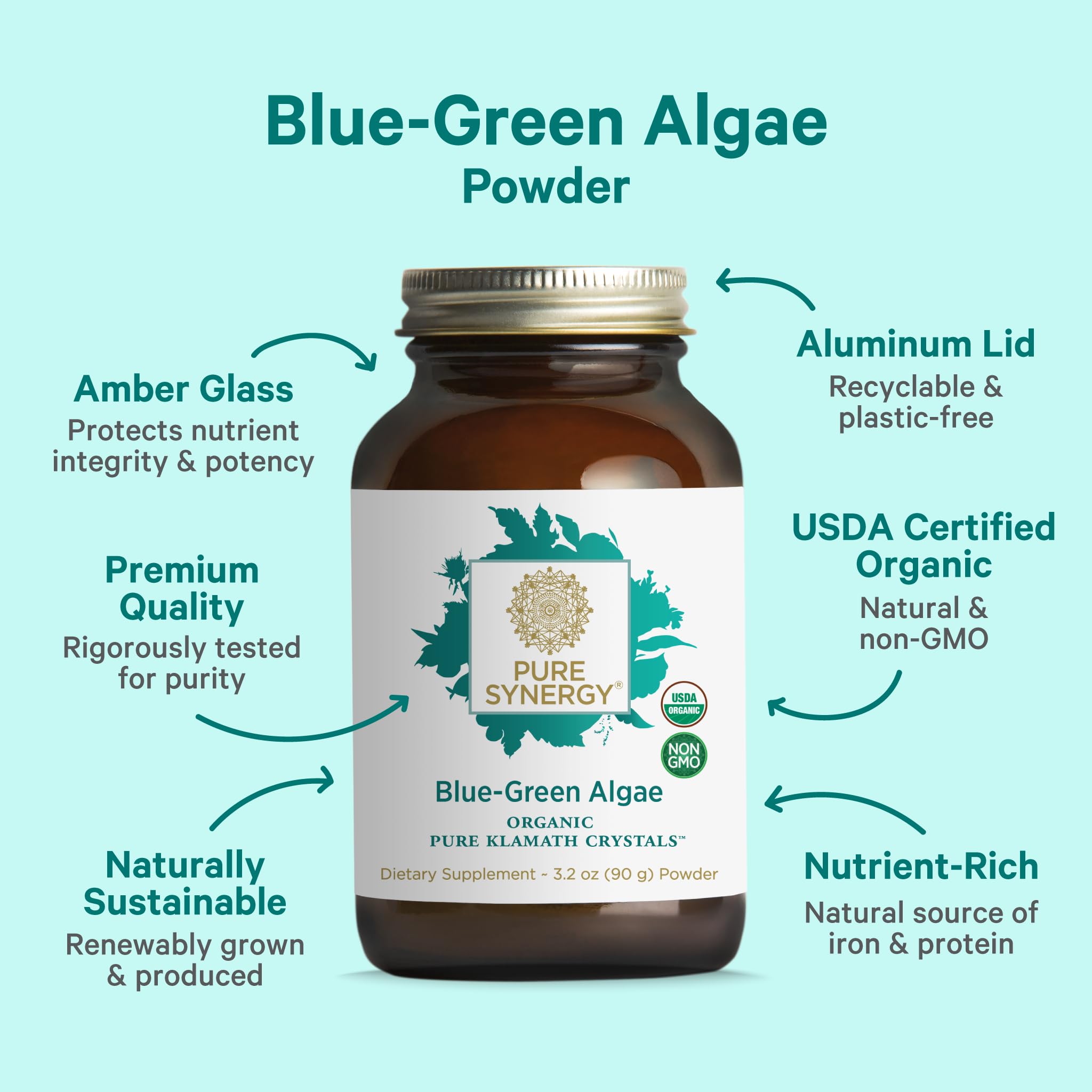 PURE SYNERGY Blue-Green Algae Powder | Superfood Powder with Chlorophyll | Organic AFA Blue Green Algae Supplement | Supports Energy, Mental Clarity, and Detoxification (3.2 oz.) PURE SYNERGYAu supplements