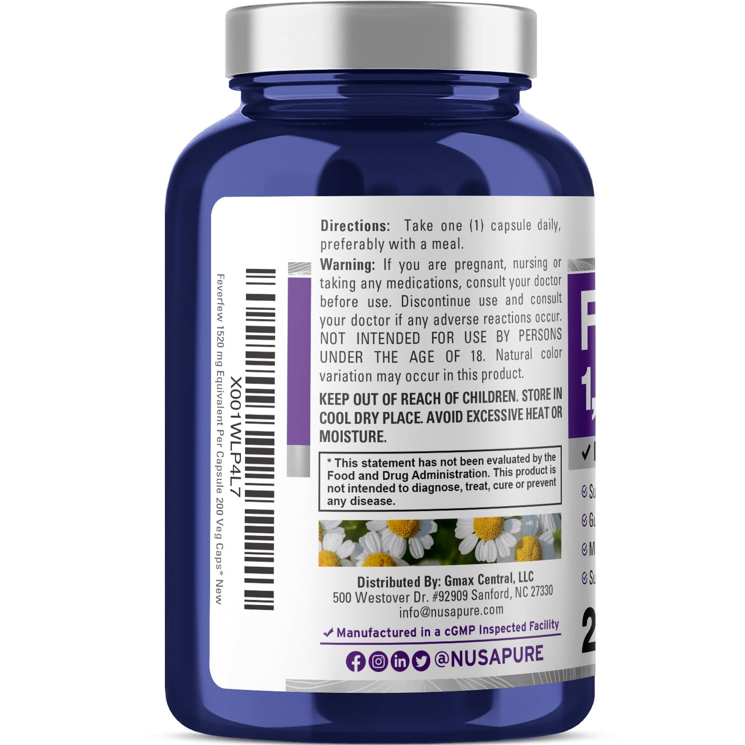NusaPure Feverfew Extract 4:1 - Suitable for Vegetarian/Vegan, Non - GMO - 1520mg 200 Capsules NusaPureAu supplements