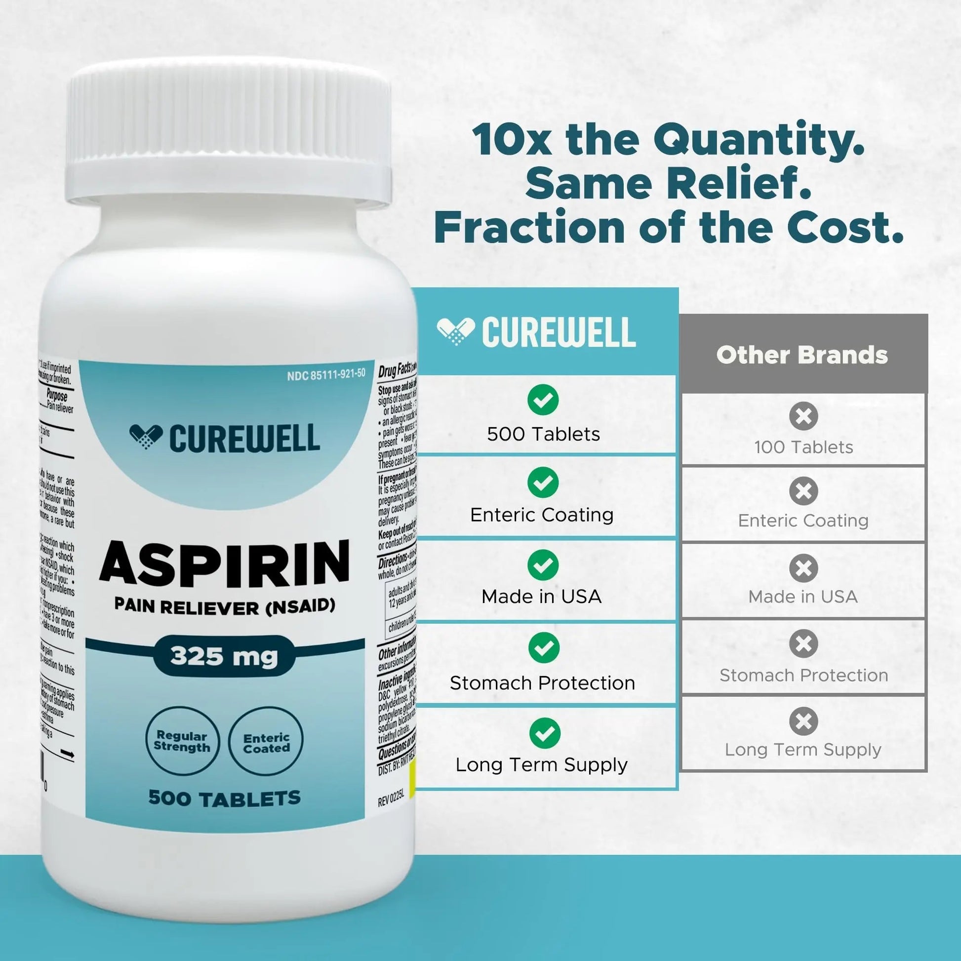 CUREWELL Enteric Coated Aspirin Tablets 325mg (500 Count) NSAID Pain Reliever & Fever Reducer Coated Aspirin for Adults - Regular Strength for Headache Arthritis Menstrual & Muscle Pain CUREWELLAu supplements