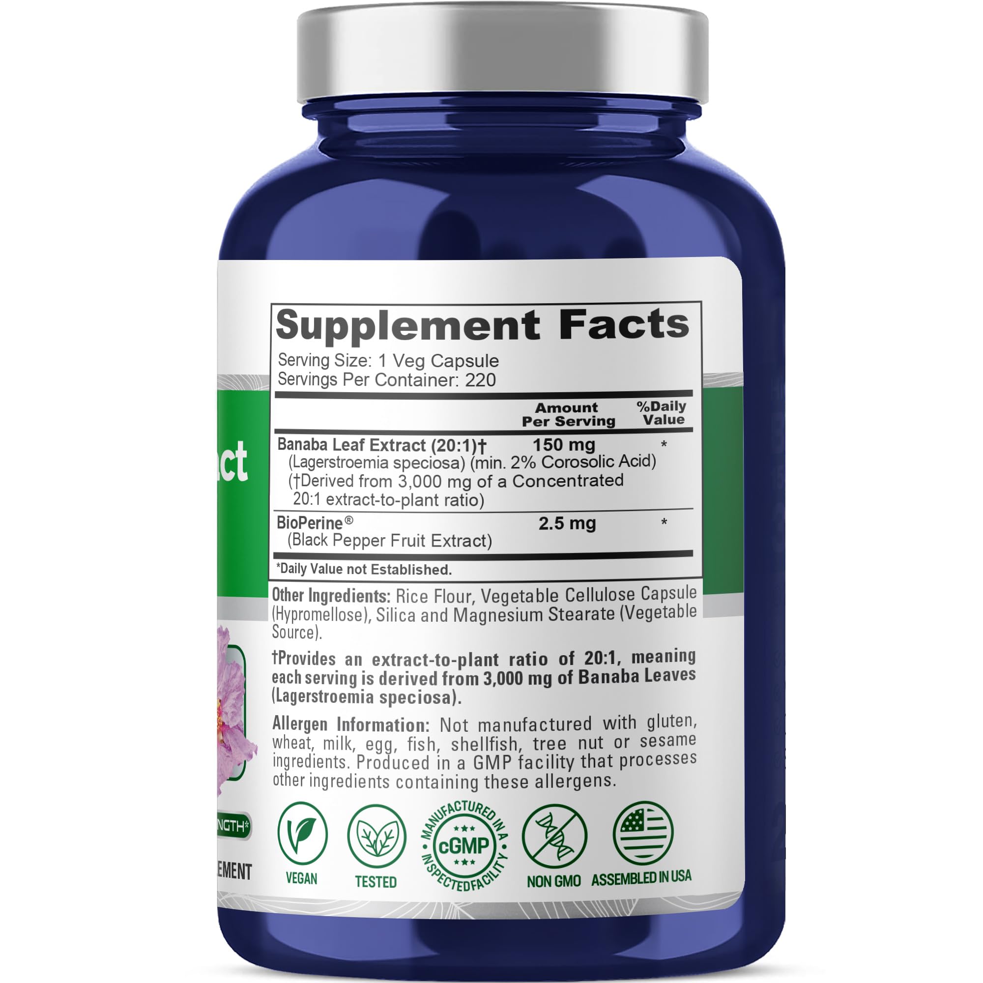 NusaPure Banaba Leaf 20:1 Extract, 150 mg Equivalent to 3,000mg Veg Caps, 220 Days Supply (Non-GMO & Vegan) 2% Corosolic Acid NusaPureAu supplements