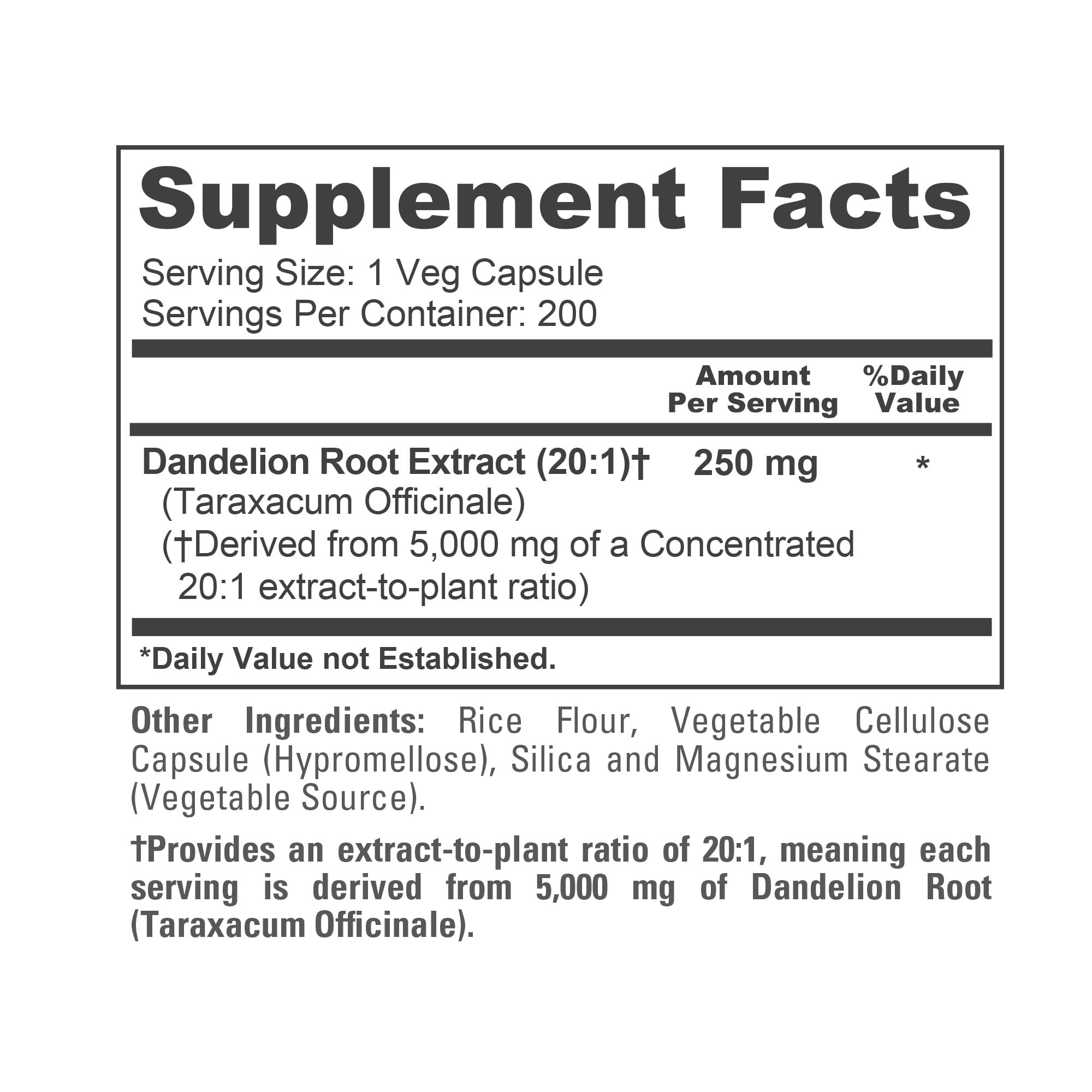 NusaPure Dandelion Root 20:1 Extract, 250 mg Equivalent to 5000mg 200 Veg Capsules (Vegan, Non-GMO) NusaPureAu supplements