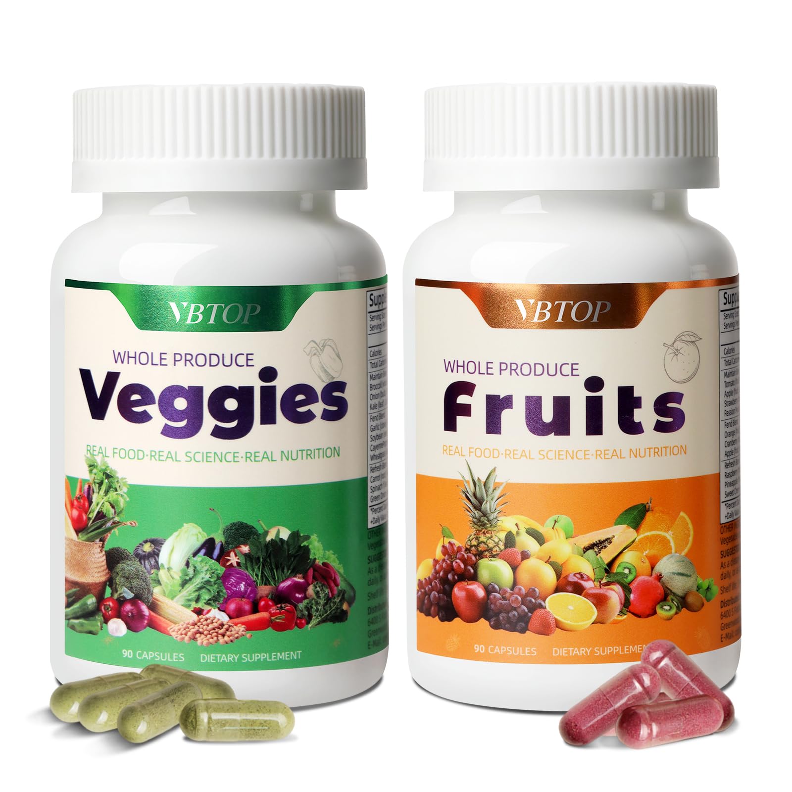 VBTOP Fruit & Vegetable Supplement - Natural Ingredients - 2 Bottles - 180 Capsules Total | A Blend of 20+19 Natural Whole Fruits & Vegetables, a Fresh superfood Formula Rich in Vitamins and Minerals VBTOPAu supplements