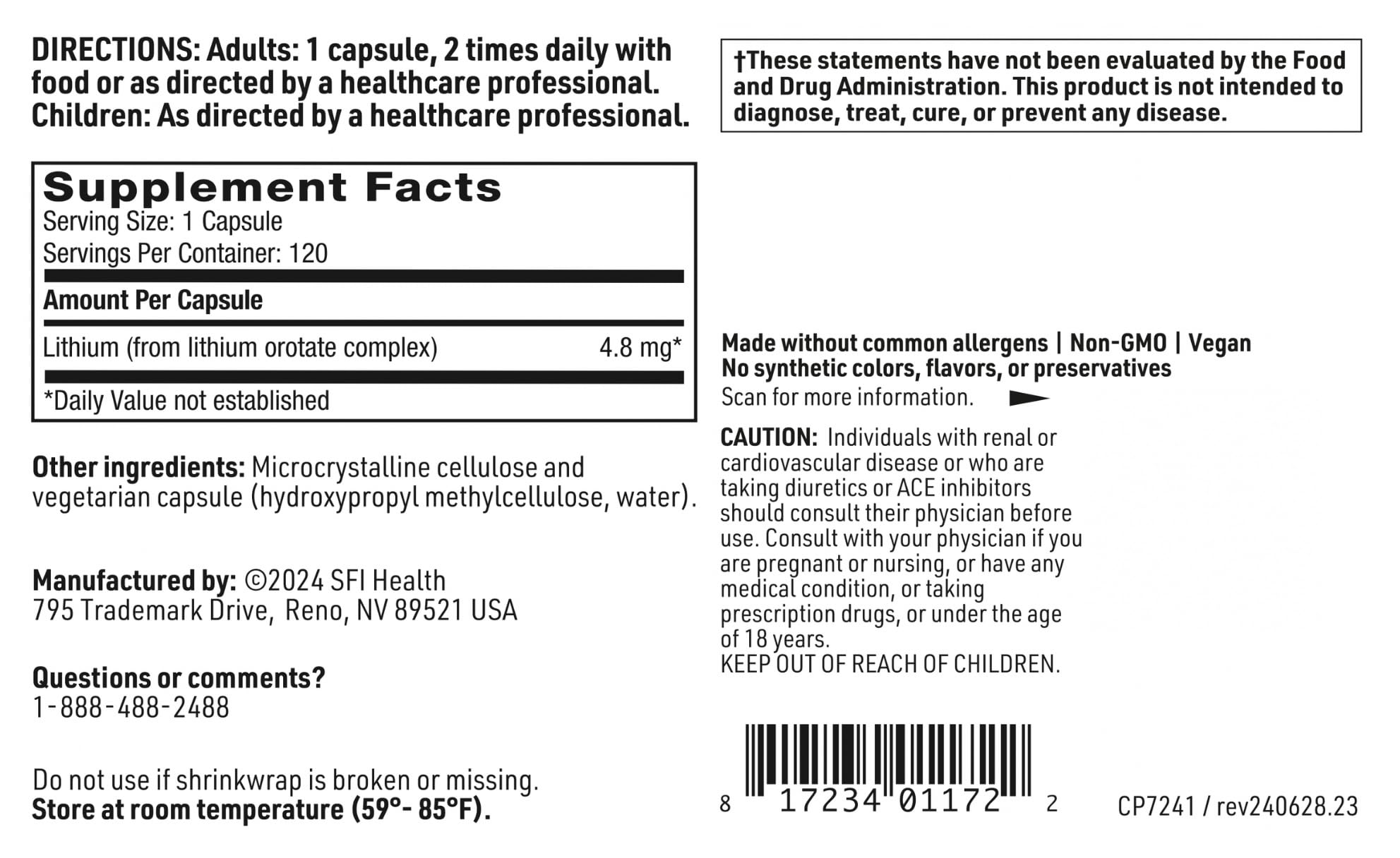 Klaire Labs SFI Health Lithium Orotate 4.8 mg - May Help Balance Mood - Bioavailable Lithium Orotate Supplement - Trace Minerals Promote Focus, Memory, Cognitive & Mood Support (120 Capsules) SFI HealthAu supplements