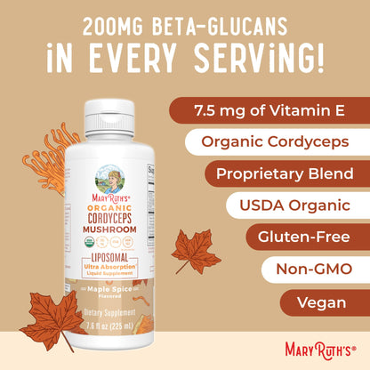 MaryRuth Organics Cordyceps Mushroom Supplement | Ultra Absorption Liposomal | Full Spectrum Mushroom | 200mg Beta-Glucans Per Serving | USDA Organic | Vegan | 7.6 oz | 15 Servings MARYRUTH'SUS supplements