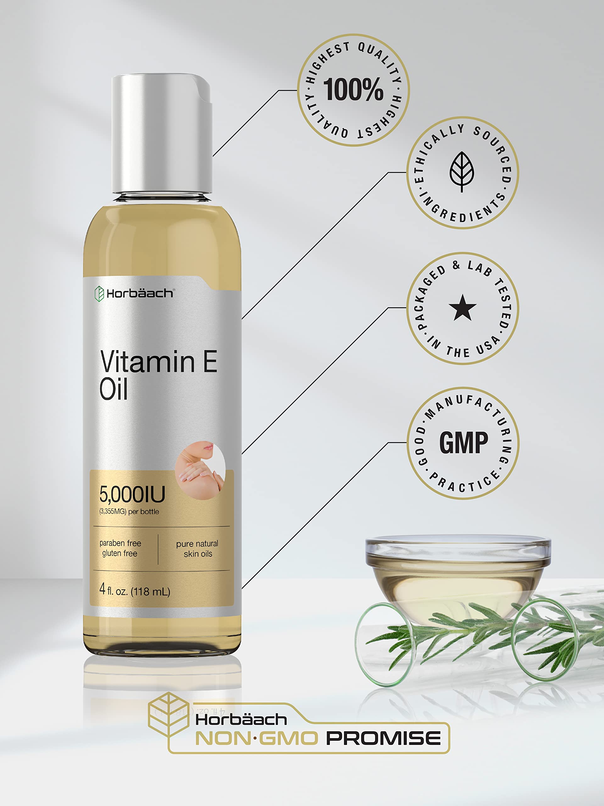 Vitamin E Oil | 5000 IU | 8 oz (2 x 4oz) Value Pack | for Skin, Hair, Face & Body | Vegetarian HorbäachAu supplements