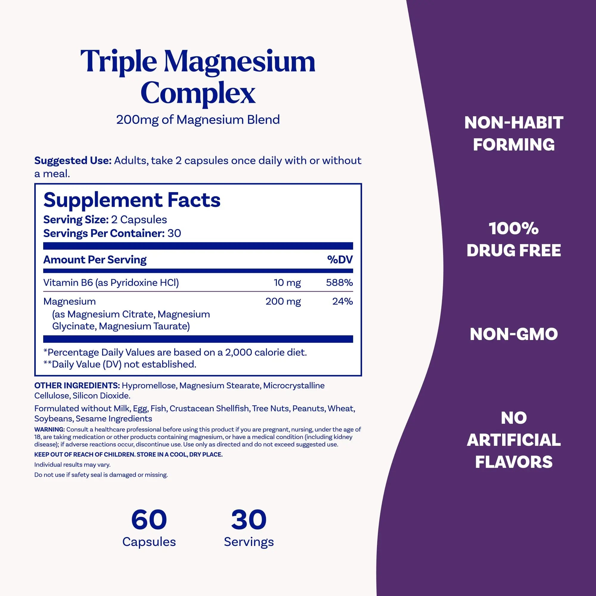 Natrol Triple Magnesium Complex Supplement, Glycinate, Citrate & Taurate 200mg High Absorption, Support Whole Body Wellness, 60 Capsules Natrolnz supplements