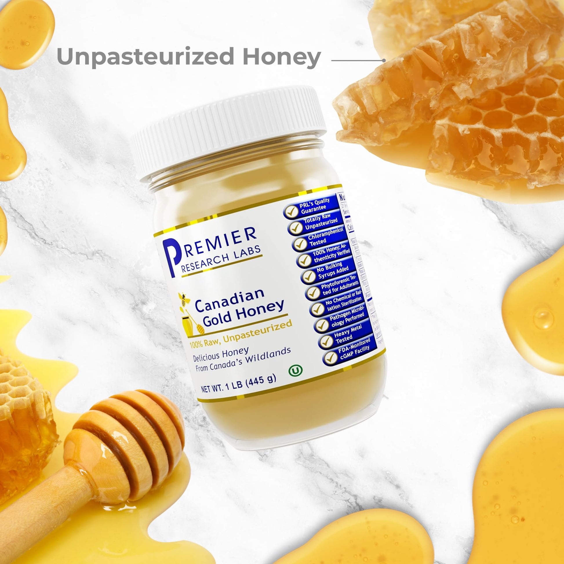 Premier Research Labs Canadian Gold Honey - Raw Honey, Pure Honey, Raw Unpasteurized Honey, Unfiltered, 100% Pure, Sugar-Free, Unprocessed Wildflower Honey - 1 lb Jar Premier Research LabsAu supplements