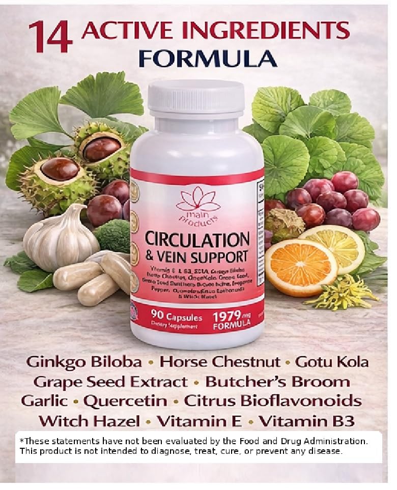 Circulation & Vein Support Supplement - Vitamins E & B3, Ginkgo Biloba, Horse Chestnut, Gotu Kola, Grape Seed, Butcher's Broom & Citrus Bioflavonoids - 1979 mg Formula - 90 Capsules - 30 Days Supply. Main ProductsAu supplements