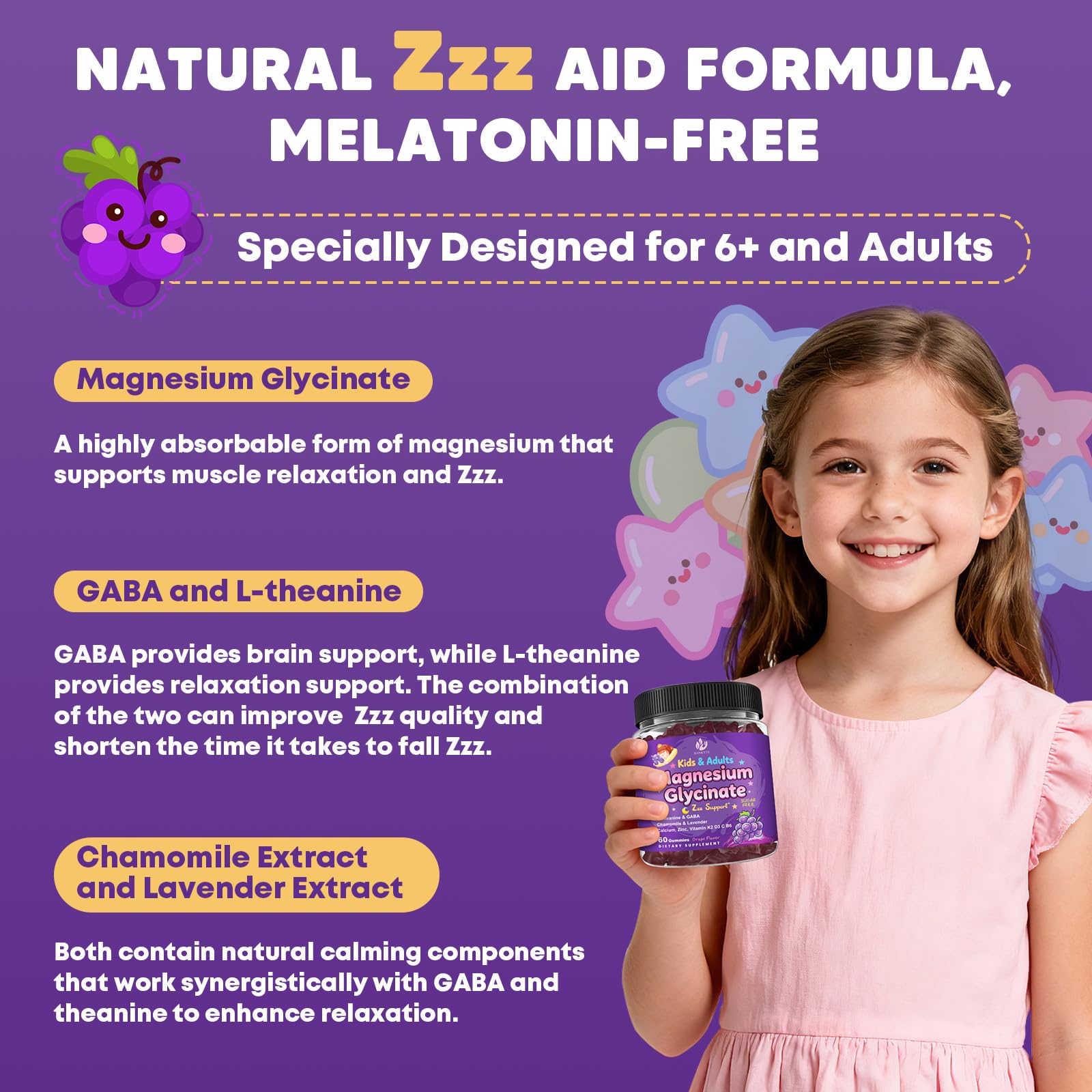 Sugar Free Magnesium Glycinate Gummies for Kids & Adults - Zzz Support, Relaxation & Cognition Support, 200/400mg Magnesium Gummies with L-Theanine, GABA, Calcium, B6, D3, C & K2, Grape Flavor, 60 Ct JIANKYTZAu supplements
