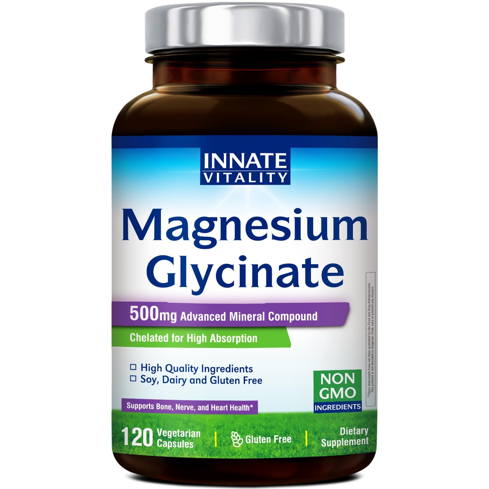 Innate Vitality Magnesium Glycinate 500mg | 70mg Elemental Magnesium Supplement - High Absorption, Non Buffered, Non-GMO & No Gluten - Vegan - Nerve Health - 120 Capsules (Pack of 1) Innate VitalityAu supplements
