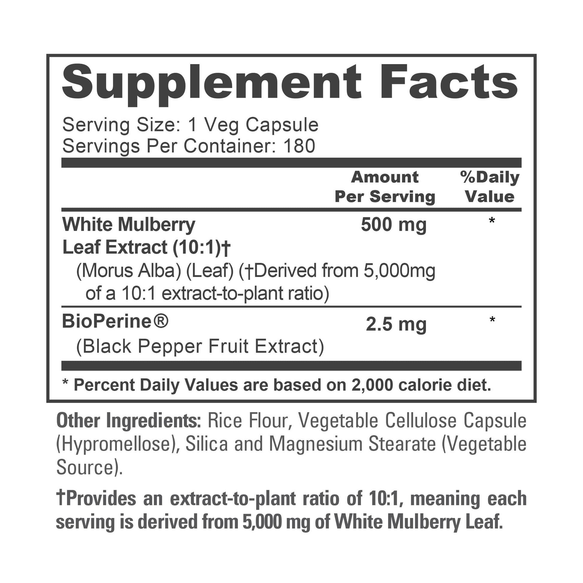 NusaPure White Mulberry Leaf Extract 10:1 Extract, 500 mg Equivalent to 5000mg 180 Veg Caps (Vegan, Non GMO Bioperine) NusaPureAu supplements