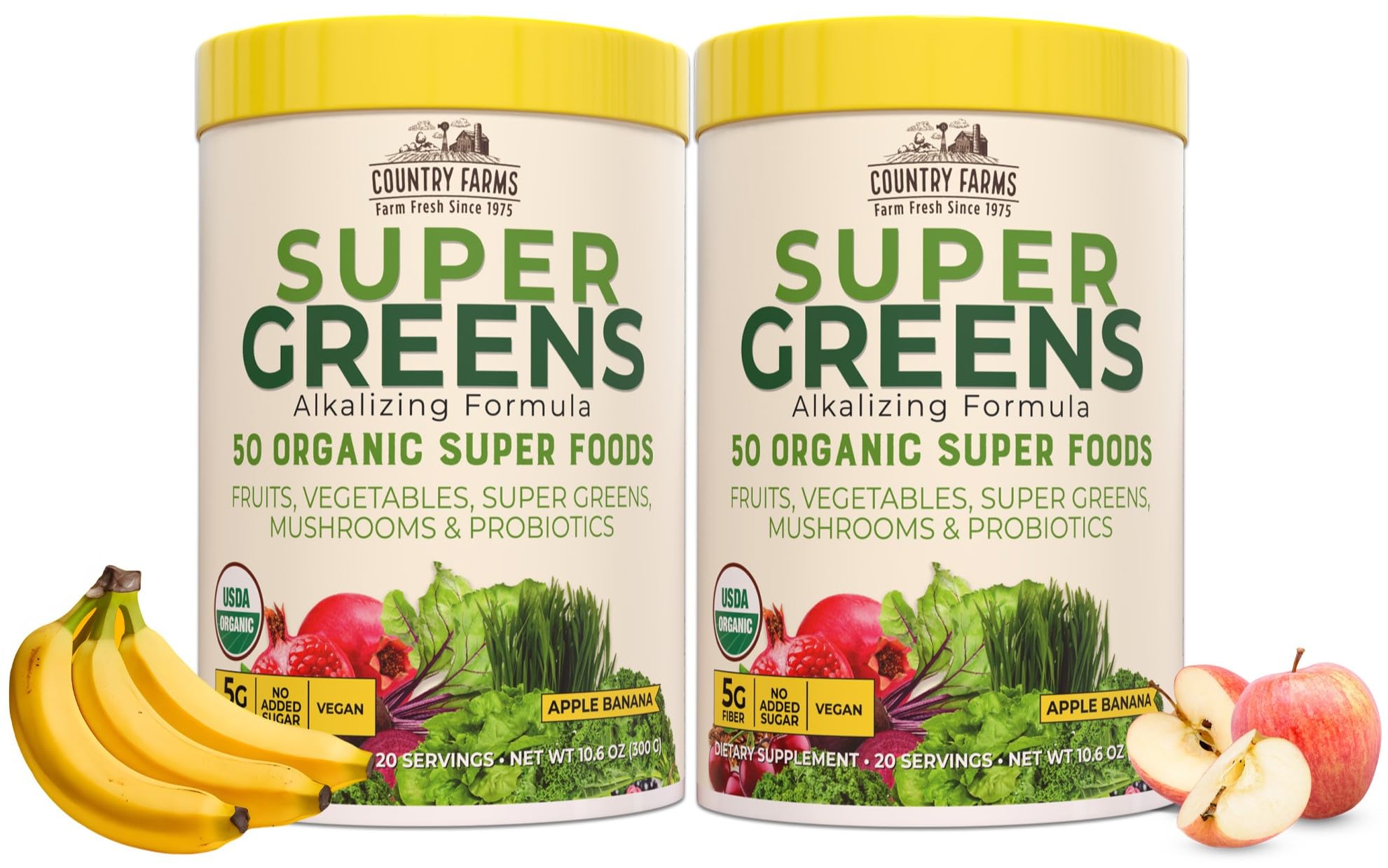 Country Farms Super Greens Apple Banana Powder Smoothie, Organic Super Foods, USDA Organic Drink Mix, Fruits, Vegetables, Mushrooms, Superfood Nutrition, 40 Servings, 2 Pack Country FarmsAu supplements