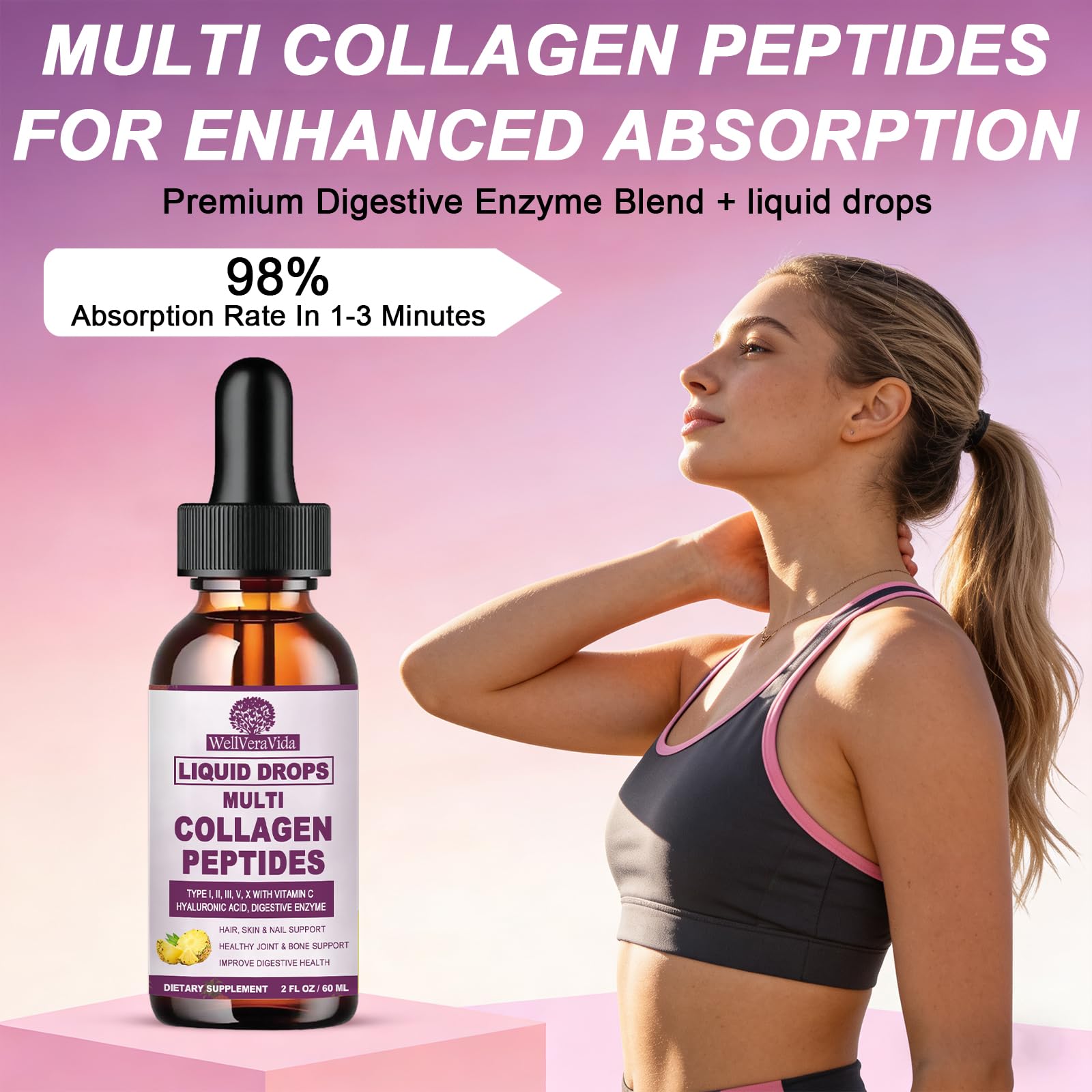 Multi Collagen Peptides Liquid Drops, 2oz – Types I, II, III, V, X, Hydrolyzed Collagen Complex for Hair, Skin, Nails, Bones & Joint Support | Collagen Supplement w. Hyaluronic Acid, Biotin, Vitamin C WellVeraVidaAu supplements