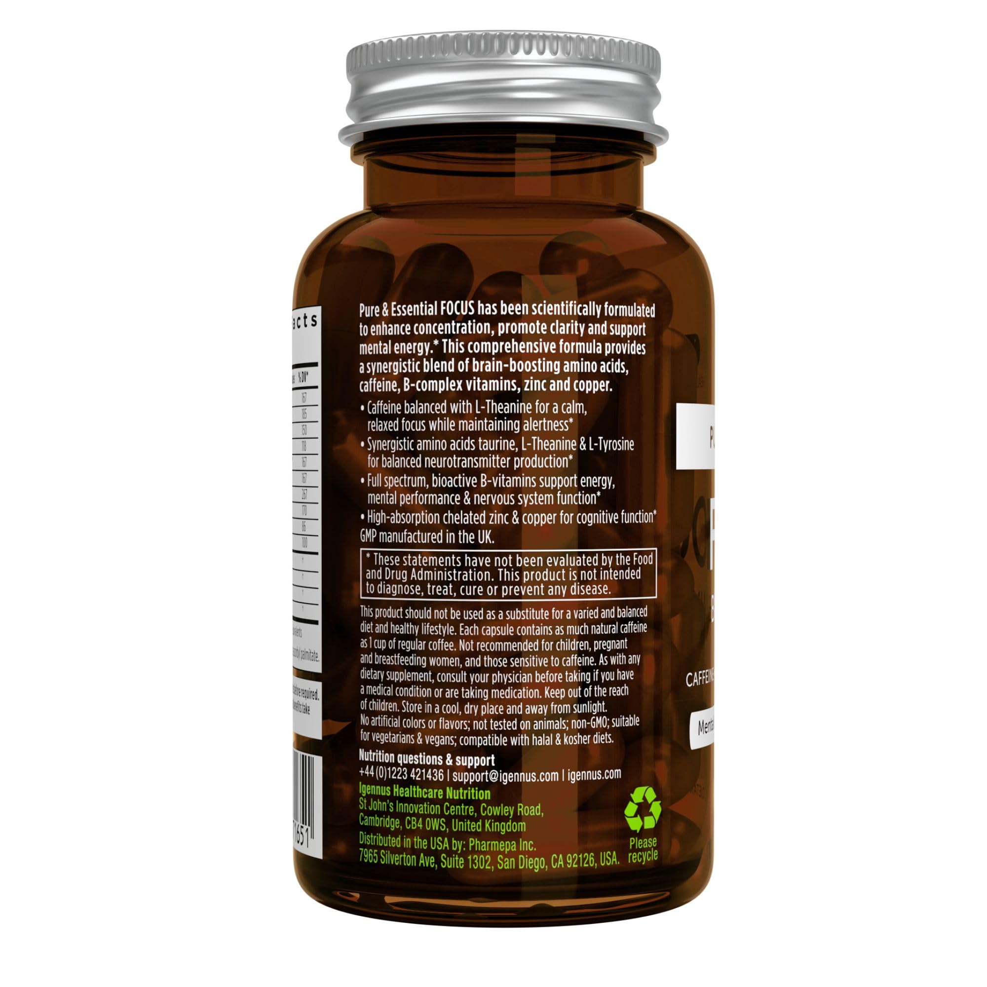 Igennus Focus - Nootropic with 200mg Natural Caffeine, Methylated B Vitamins, L-Theanine, Taurine, L-Tyrosine, Clean Energy, Brain Booster & Cognitive Performance, Non Jittery, 60 Capsules Igennus Healthcare NutritionAu supplements