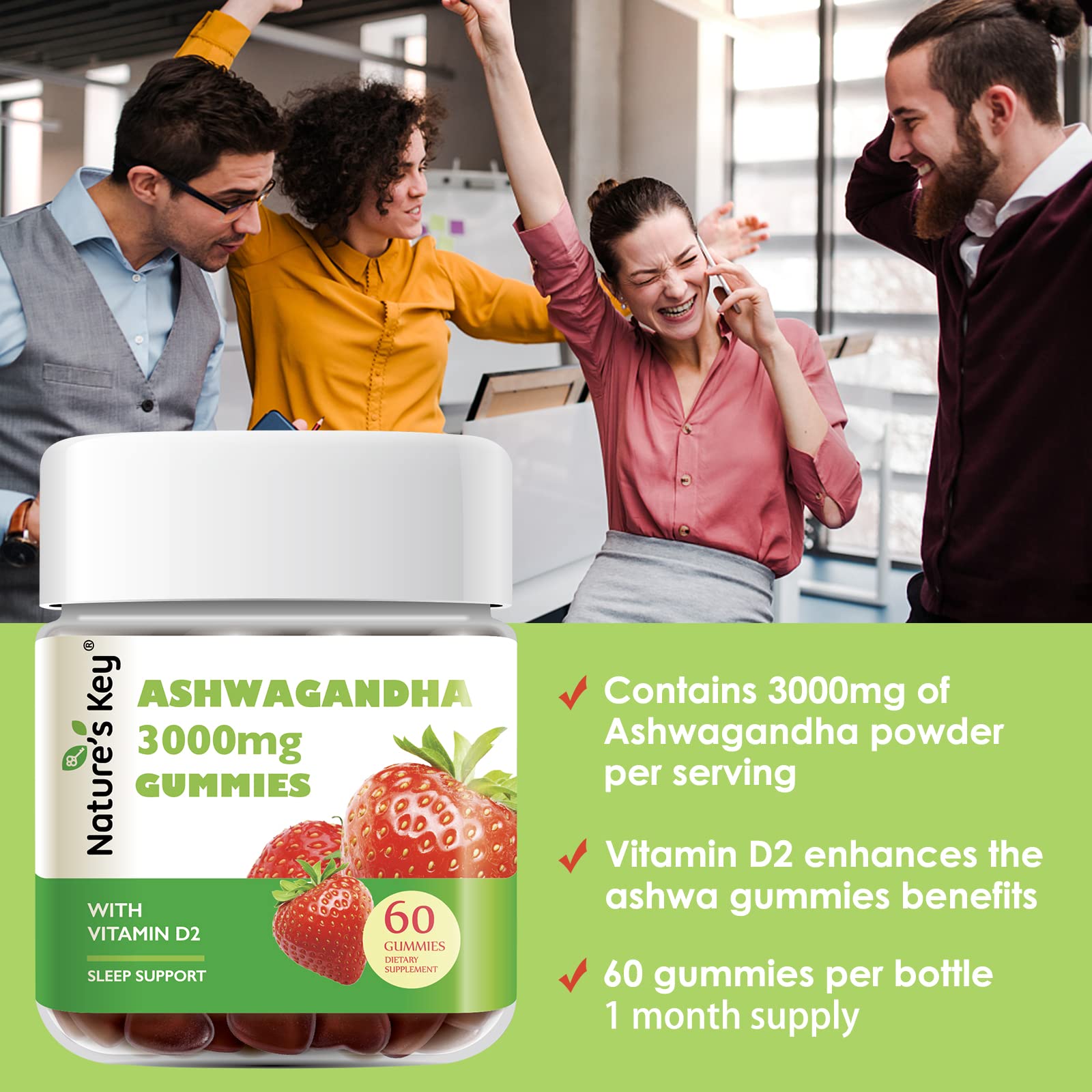 Nature's Key Ashwagandha Gummies, 3000mg High Potency Ashwagandha Root Extract with Vitamin D2, Stress, Calm Mood & Cognition, for Men & Women, Strawberry Flavor (60 Count (Pack of 1) Nature's KeyAu supplements