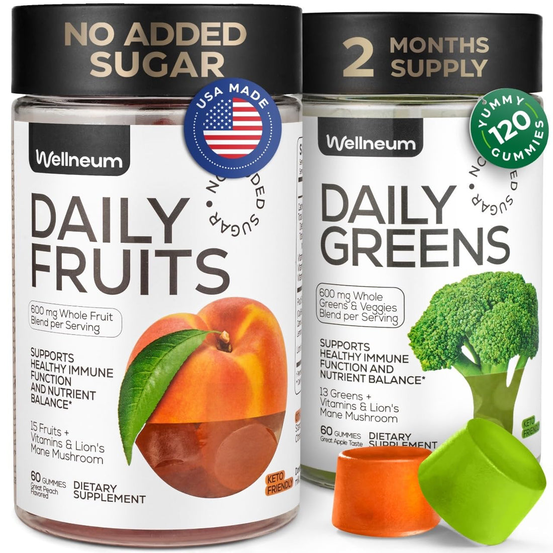 Super Greens + Super Fruits Gummies (Fruits/Greens Powder in Gummies Form) - 600mg Greens Blend + 600mg Fruits Blend for Immune Support, Sugar Free, Vegetarian, Non-GMO, 2-Pack (120 Gummies) WellneumAu supplements