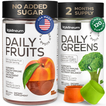 Super Greens + Super Fruits Gummies (Fruits/Greens Powder in Gummies Form) - 600mg Greens Blend + 600mg Fruits Blend for Immune Support, Sugar Free, Vegetarian, Non-GMO, 2-Pack (120 Gummies) WellneumAu supplements
