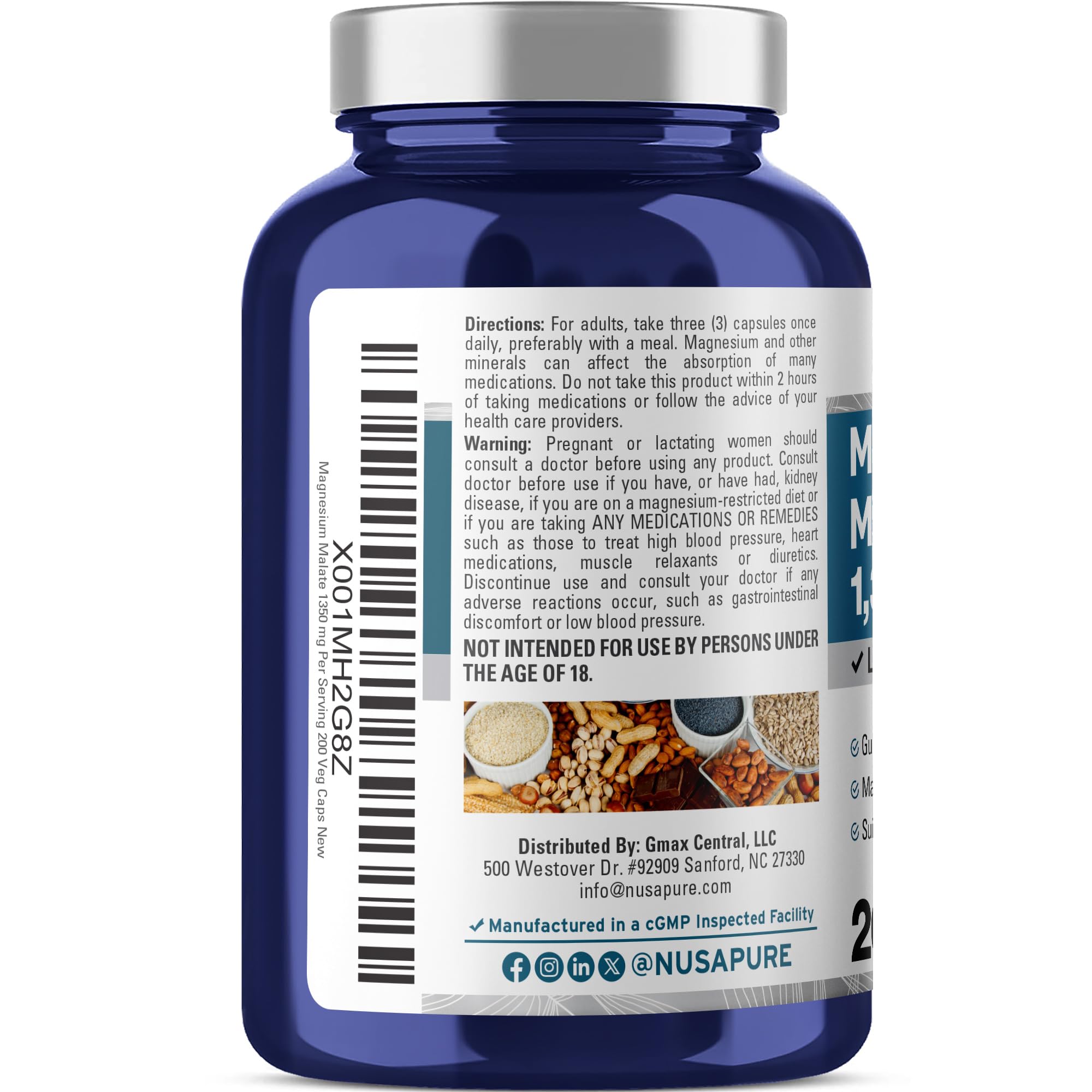 NusaPure Magnesium Malate 1350mg 200 Veggie Capsules (Vegan, Non-GMO, Vegan) NusaPureAu supplements