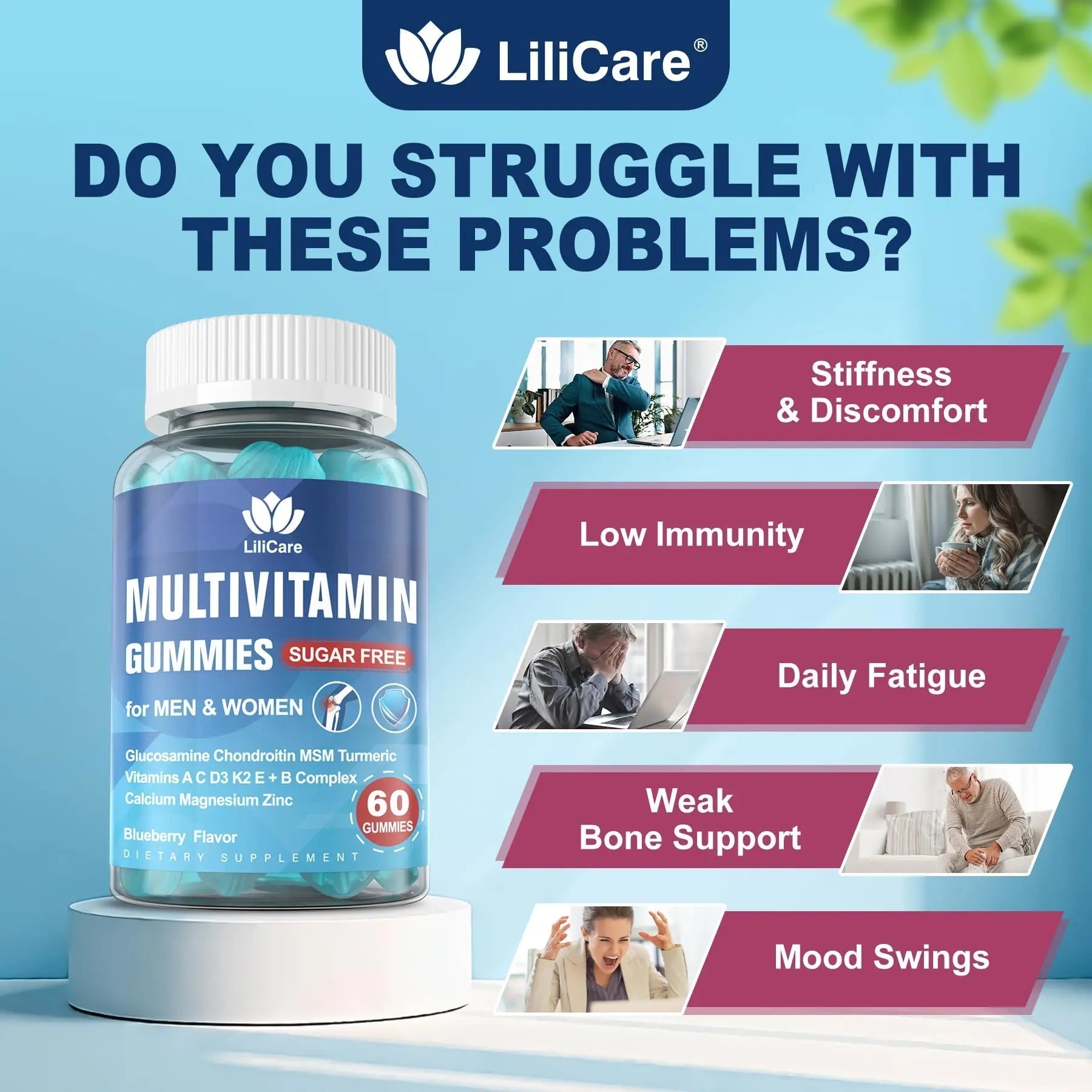 Methylated Multivitamin for Men/Women Gummies, Mens/Womens Multivitamin 50 Plus, with Glucosamine Chondroitin MSM Echinacea Sugar Free LILICAREAu supplements
