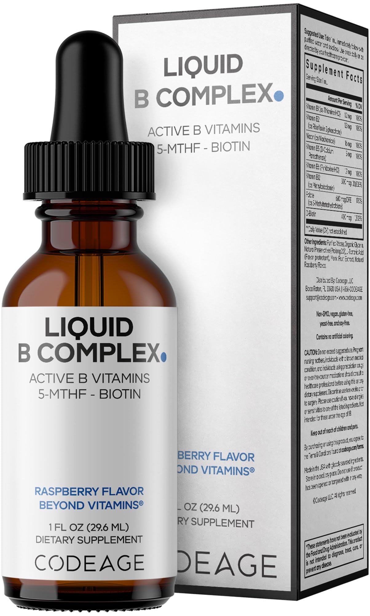 Codeage Liquid B-Complex Supplement with 8 Forms of Vitamin B - Vitamin Thiamine B1, Riboflavin B2, B3, B5, B6, Biotin B7, Active Methylated B9 Folate & B12 - Raspberry Flavor - Non-GMO - 1 fl oz CodeageAu supplements