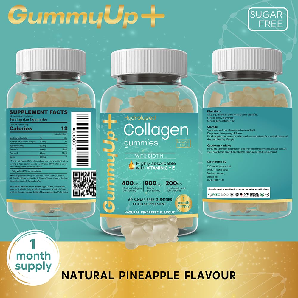 Hydrolysed Collagen Gummies with Biotin, 60 Sugar Free Natural Pineapple Flavoured Gummies ZA ZACANNAUS supplements