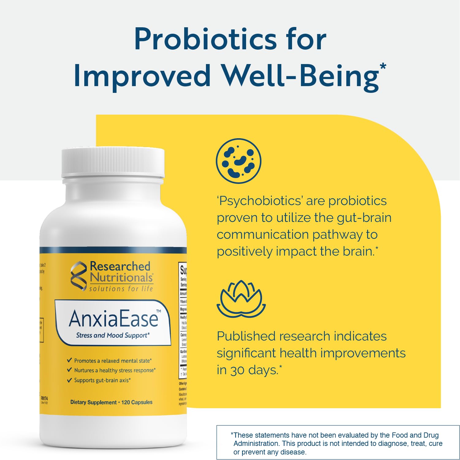 Researched Nutritionals AnxiaEase - Stress, Cortisol Management & Mood Support Supplement - Botanicals, Vitamin B6, Magnesium & 'Psychobiotic' Probiotic Strains (120 Capsules) Researched NutritionalsAu supplements