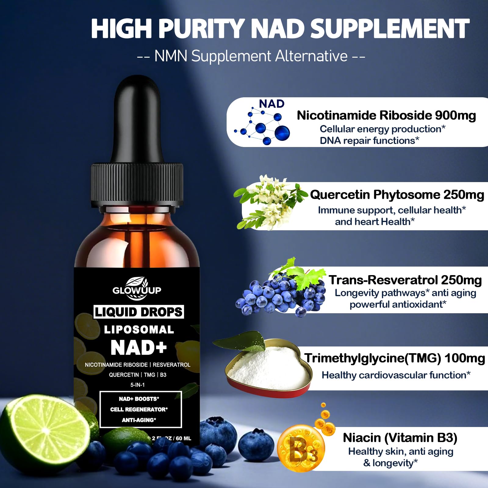 NAD Supplements for Women & Men, Liposomal NAD Nicotinamide Riboside Resveratrol 900mg w. B3 Vitamin Quercetin TMG, Liquid Resveratrol NAD Plus Supplement for Anti-Aging Energy Focus Longevity GLOVVUUPAu supplements