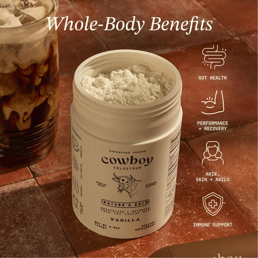 Cowboy - The Exclusive 1st Milking, Whole, Grass Fed Colostrum Supplement for Full Body Health - Bovine Colostrum Powder Packed w/Bioactive Nutrients - Sugar Free (Vanilla, 40 Servings) COWBOY COLOSTRUMAu supplements