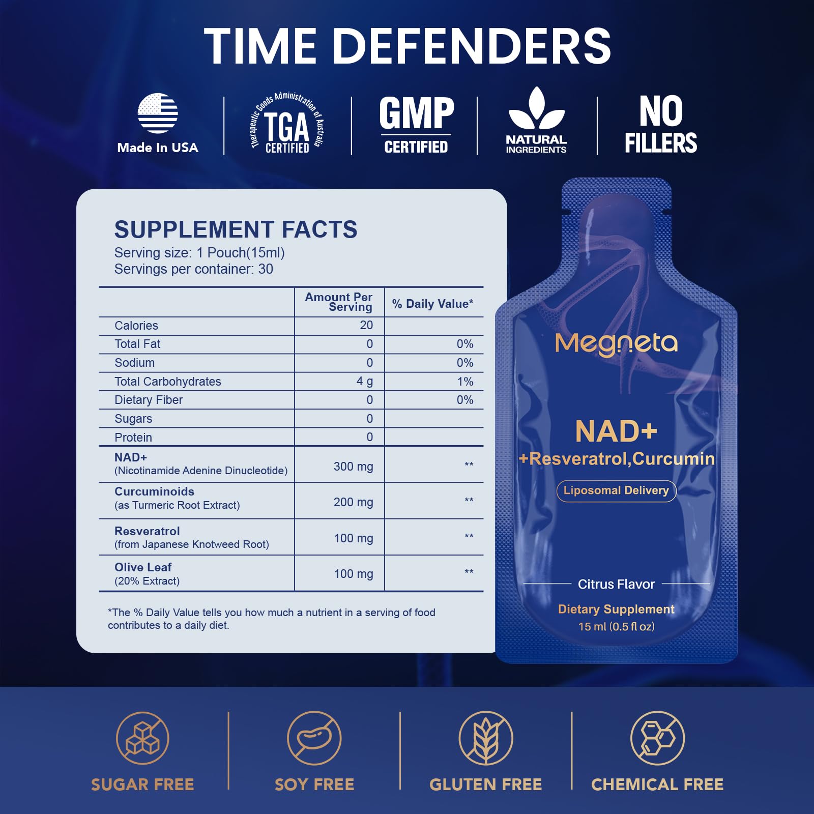 MEGNETA Liposomal NAD+ Supplement with Resveratrol, Anti-Aging, Energy Boost & Cellular Health Support, 15.2 fl. oz NAD Liquid for Men & Women (30 Pouch) MEGNETAAu supplements