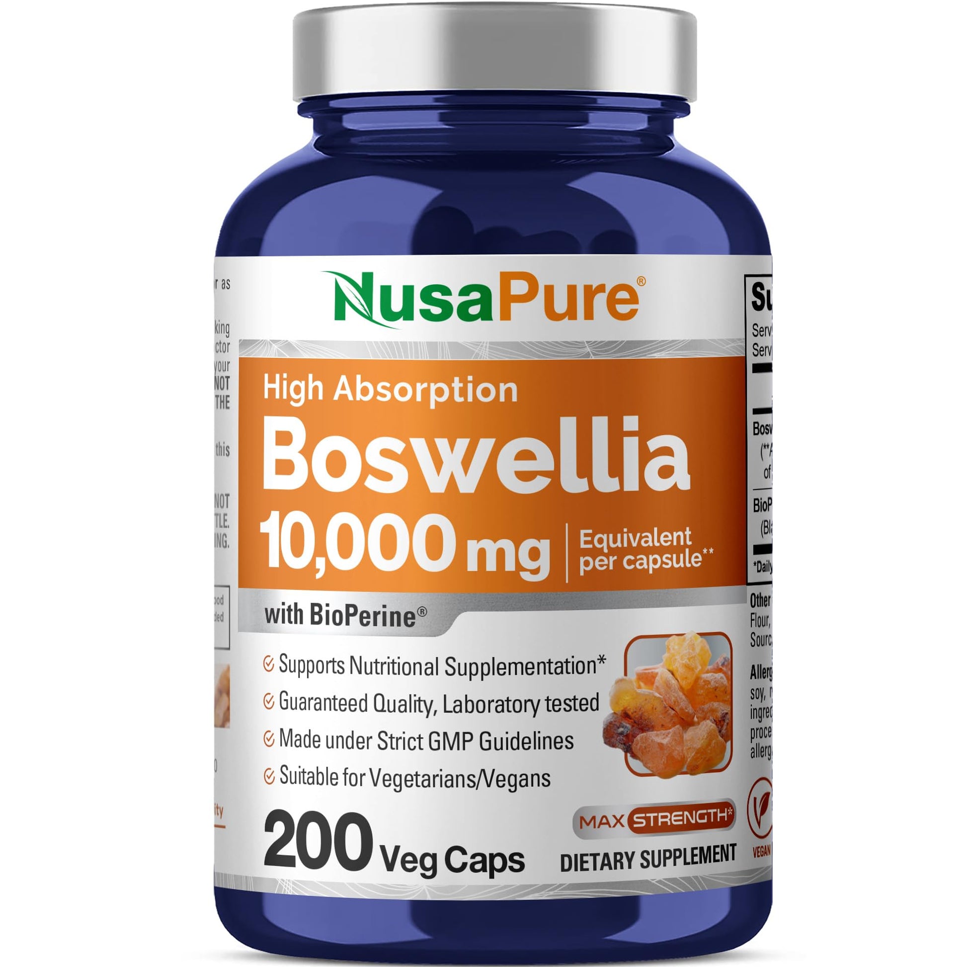 NusaPure Boswellia Serrata 10,000 mg Per Veggie Caps 200 Count (Ext. 20:1, Non-GMO, Vegan, Bioperine) Ayurvedic Herb: Indian Olibanum, Frankincense NusaPureAu supplements
