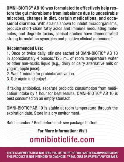 OMNi BiOTiC AB 10 - Clinically Tested Restorative Probiotic - Supports & Restores Gut Flora & Digestion - Digestive Probiotic for Diarrhea - Vegan, Hypoallergenic, Non-GMO (30 Daily Packets) OMNi BiOTiCUS supplements