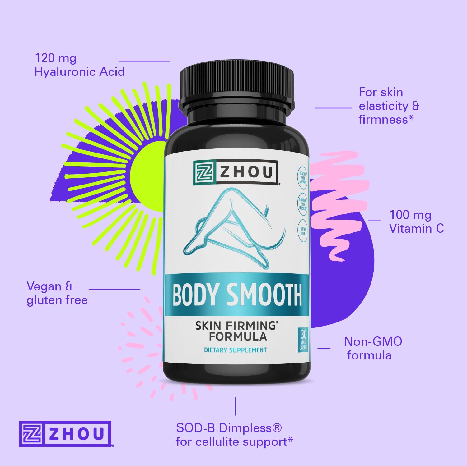 Zhou Body Smooth - Cellulite Pills for Women, Dimpless Anti Cellulite Supplement for Firm Smooth Skin with Hyaluronic Acid & Vitamin C, Skincare for Thigh, Legs, Butt, Supports Hydration - 30 Capsules ZHOUAu supplements