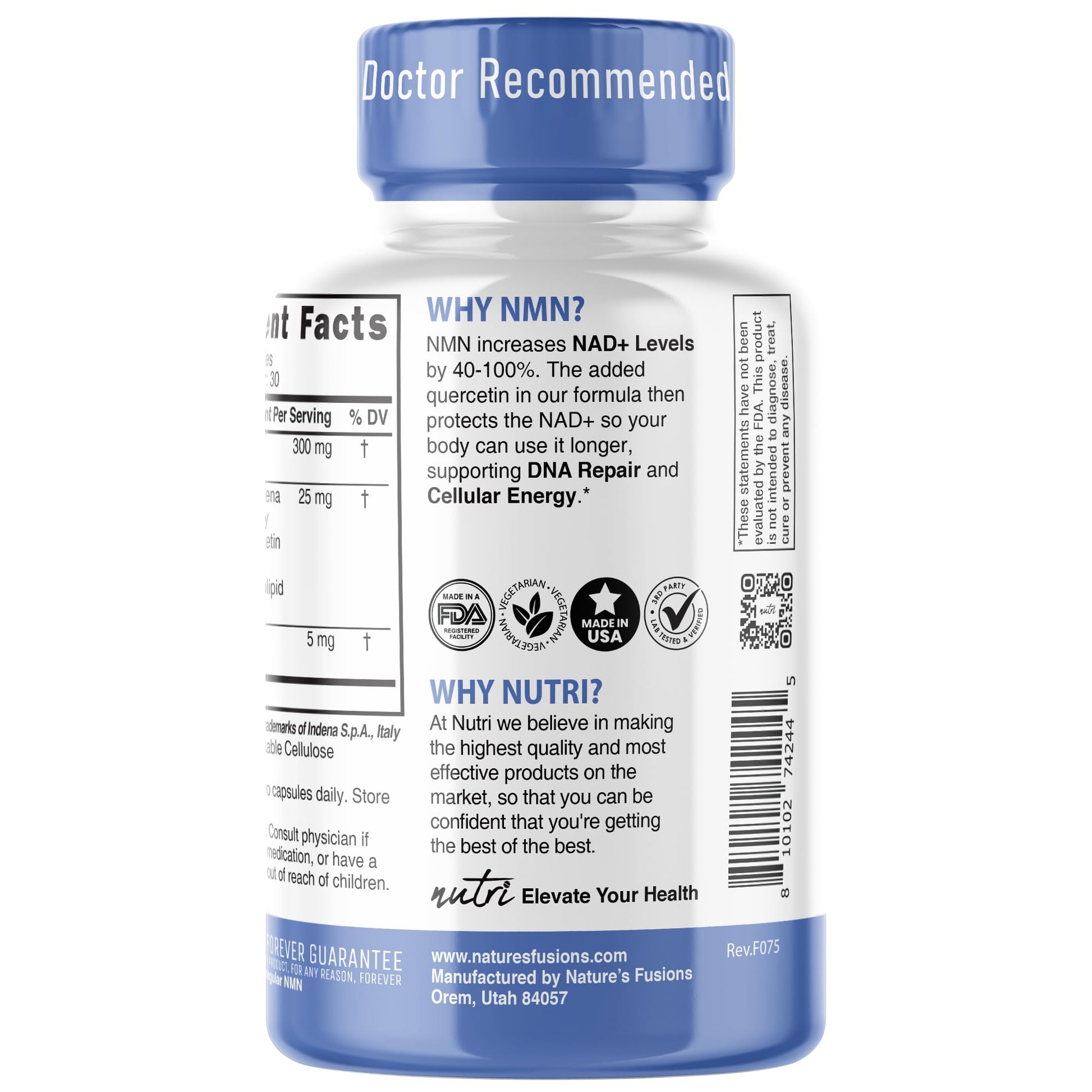 NMN Supplement 300mg NAD Supplement - Nutri Ultra High Absorption Stabilized NMN Nicotinamide Mononucleotide, 40% More NAD+ with Quercetin Phytosome & Black Pepper - mnm supplement (60 Capsules) Nature's FusionsAu supplements